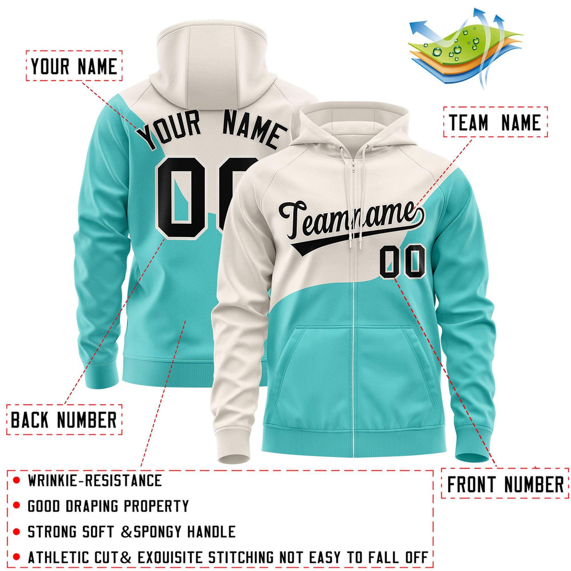 Custom Cream Bright Green Color Block Varsity Full-Zip Letterman Wave Jacket Hoodie