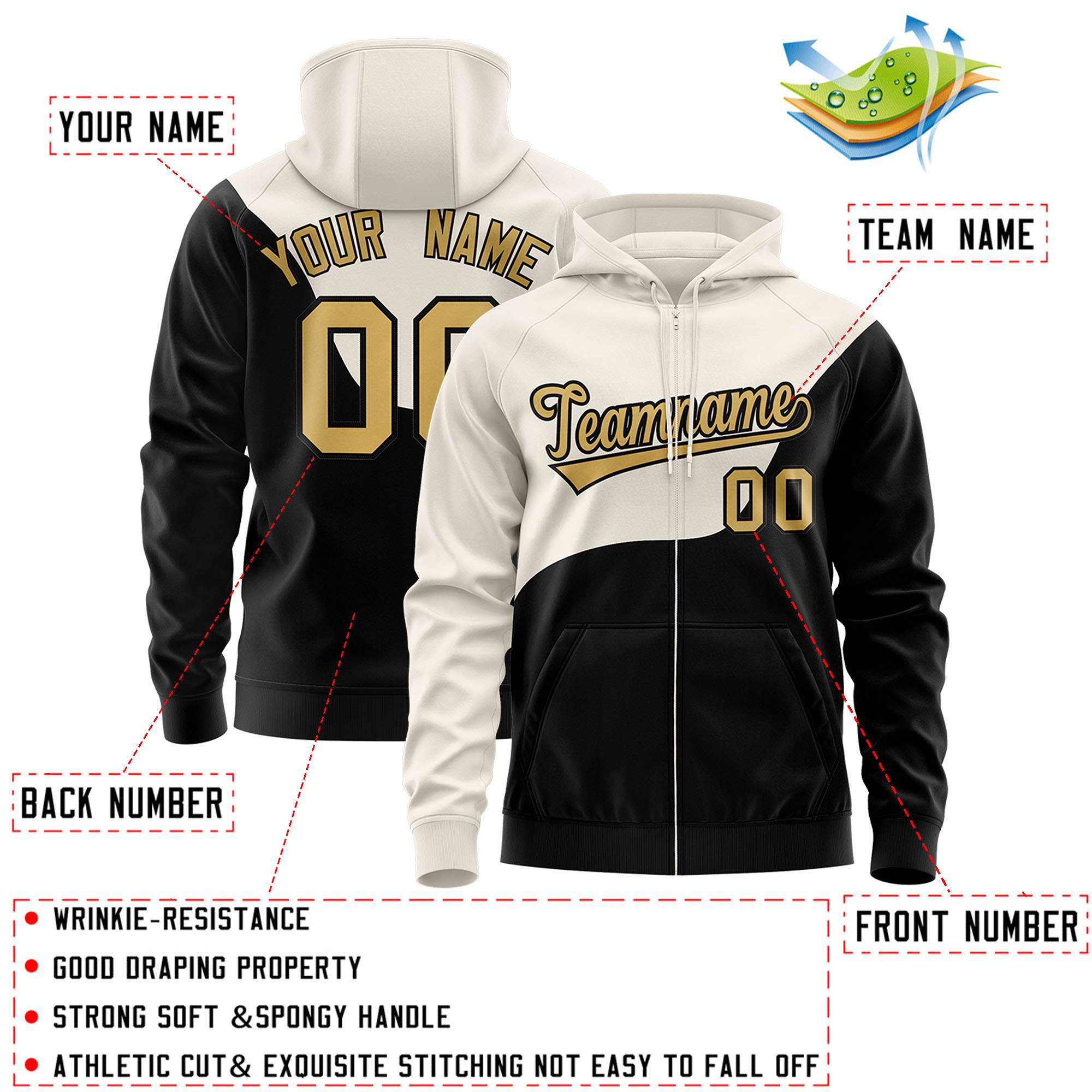 Custom Cream Black Color Block Varsity Full-Zip Letterman Wave Jacket Hoodie