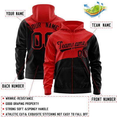 Custom Red Black Color Block Varsity Full-Zip Letterman Wave Jacket Hoodie