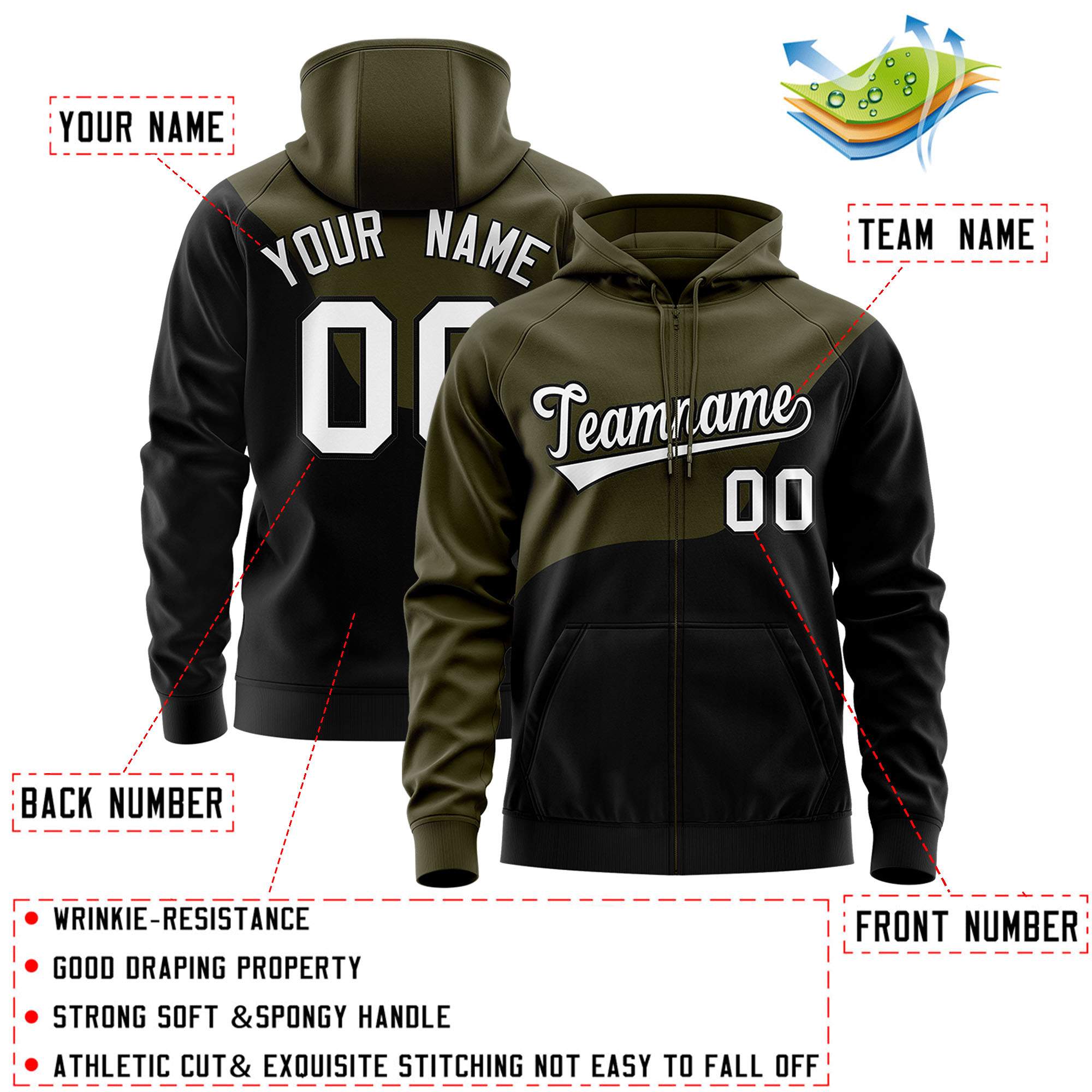 Custom Olive Black Color Block Varsity Full-Zip Letterman Wave Jacket Hoodie