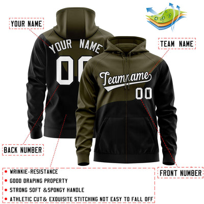 Custom Olive Black Color Block Varsity Full-Zip Letterman Wave Jacket Hoodie