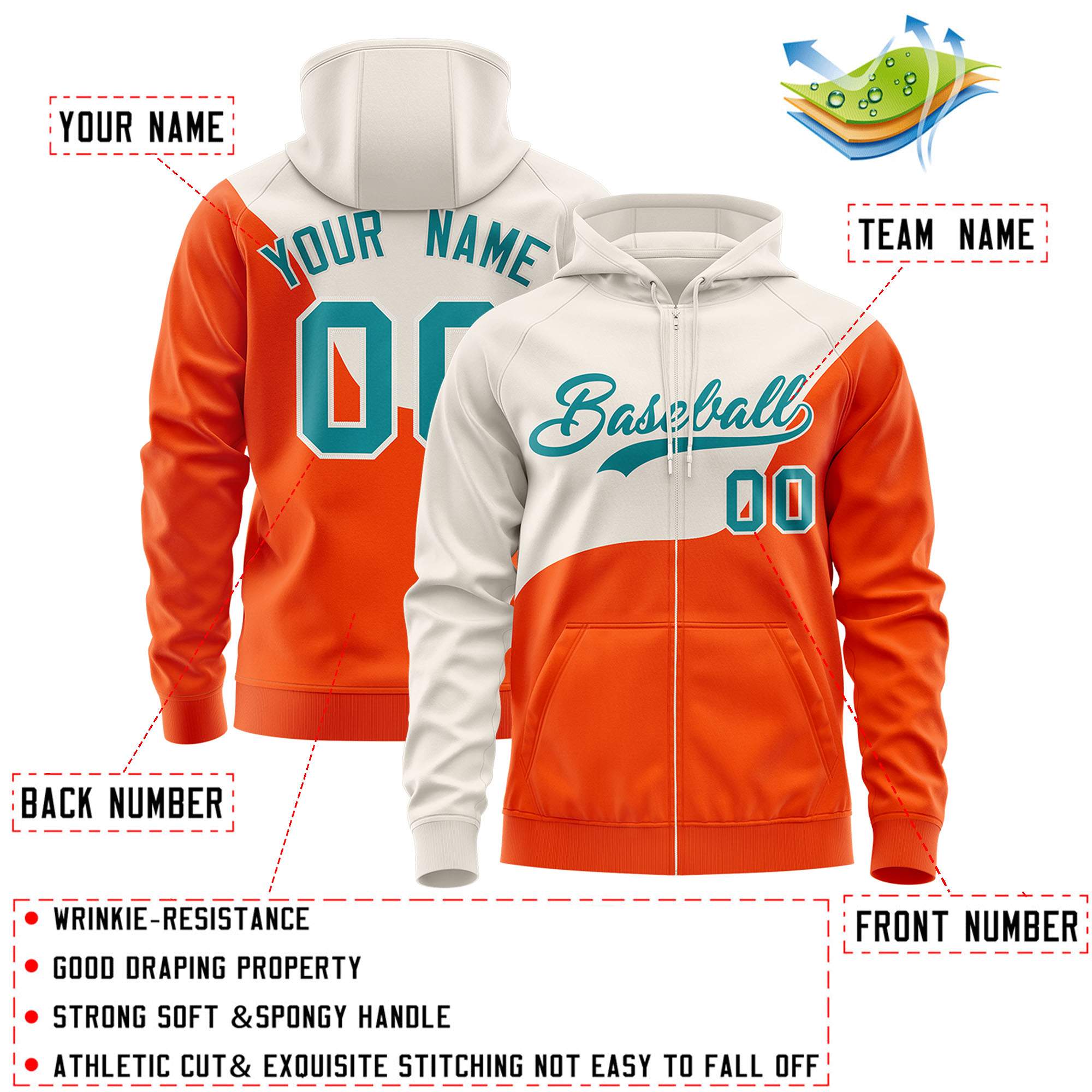 Custom Cream Orange Color Block Varsity Full-Zip Letterman Wave Jacket Hoodie