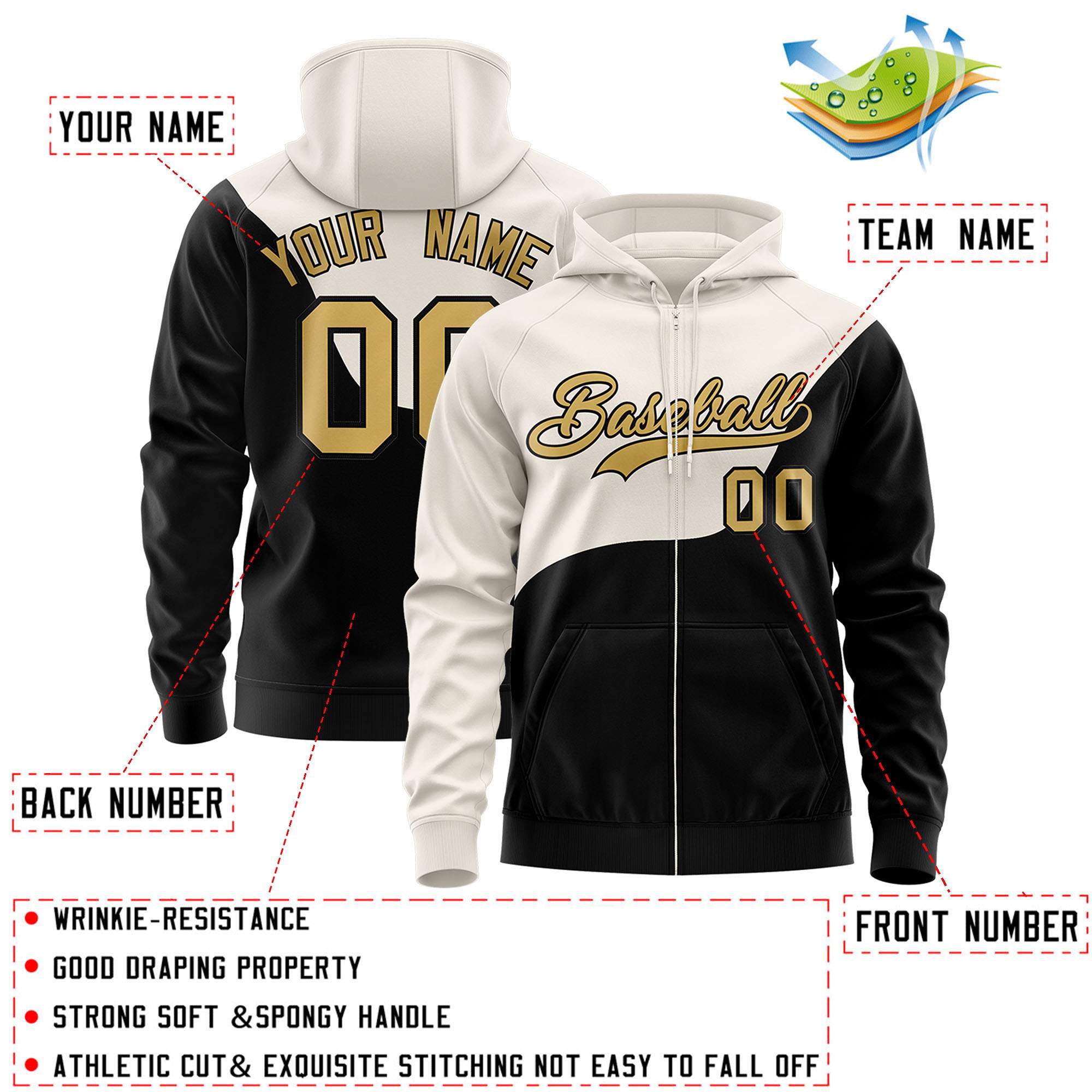Custom Cream Black Color Block Varsity Full-Zip Letterman Wave Jacket Hoodie