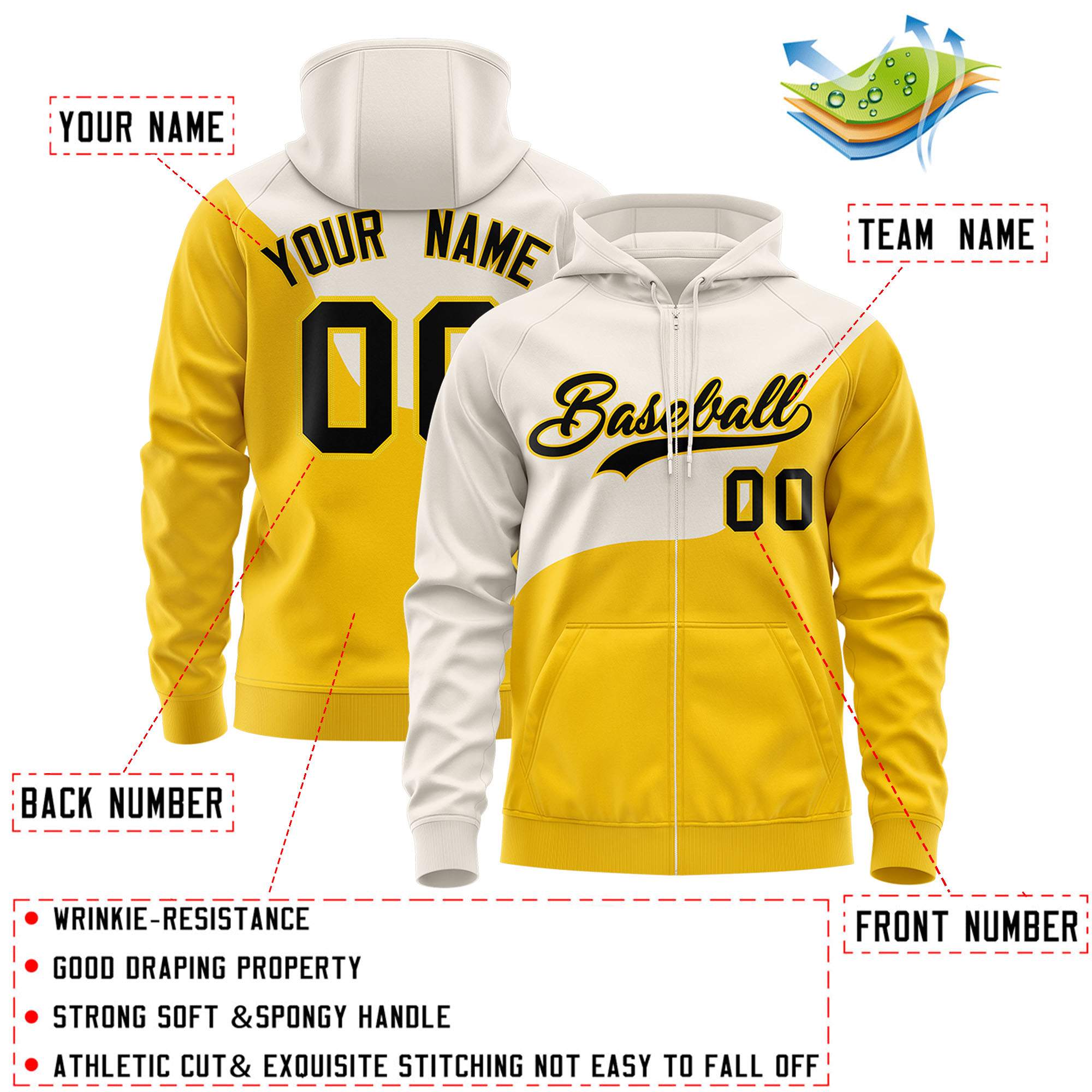 Custom Cream Gold Color Block Varsity Full-Zip Letterman Wave Jacket Hoodie