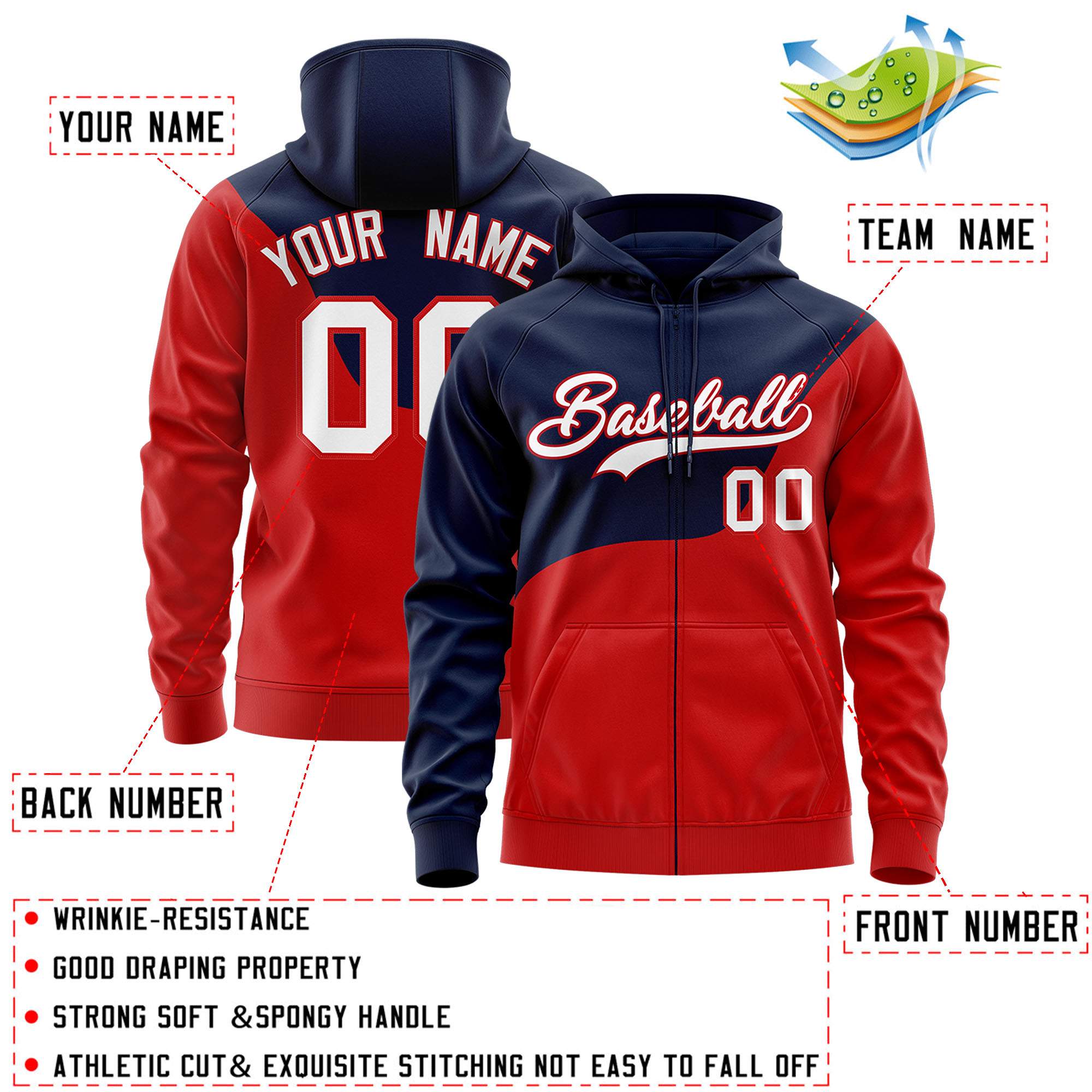 Custom Navy Red Color Block Varsity Full-Zip Letterman Wave Jacket Hoodie