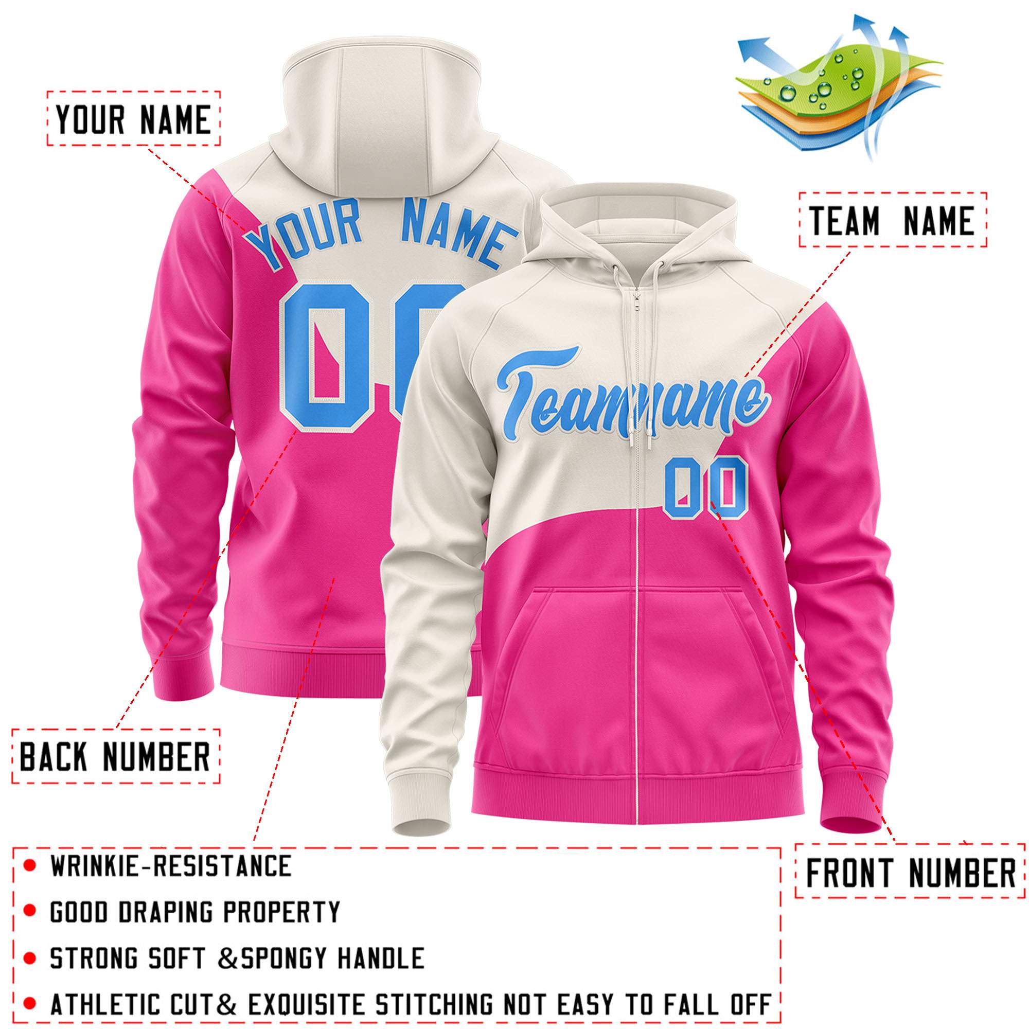 Custom Cream Pink Color Block Varsity Full-Zip Letterman Wave Jacket Hoodie