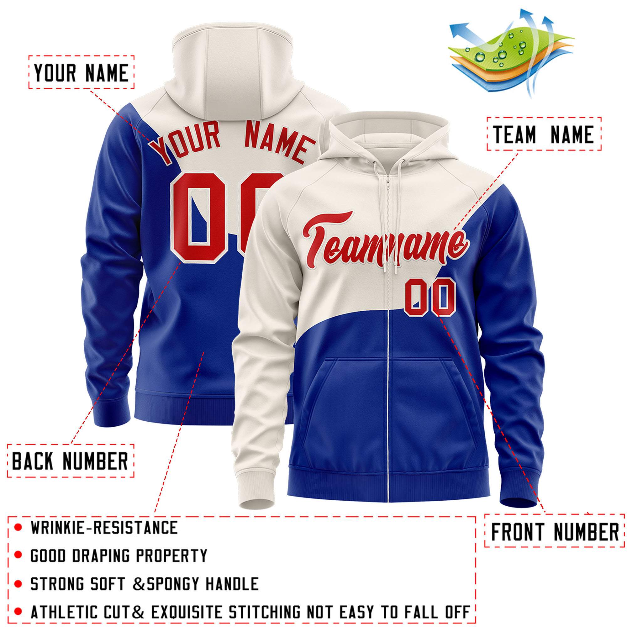 Custom Cream Royal Color Block Varsity Full-Zip Letterman Wave Jacket Hoodie