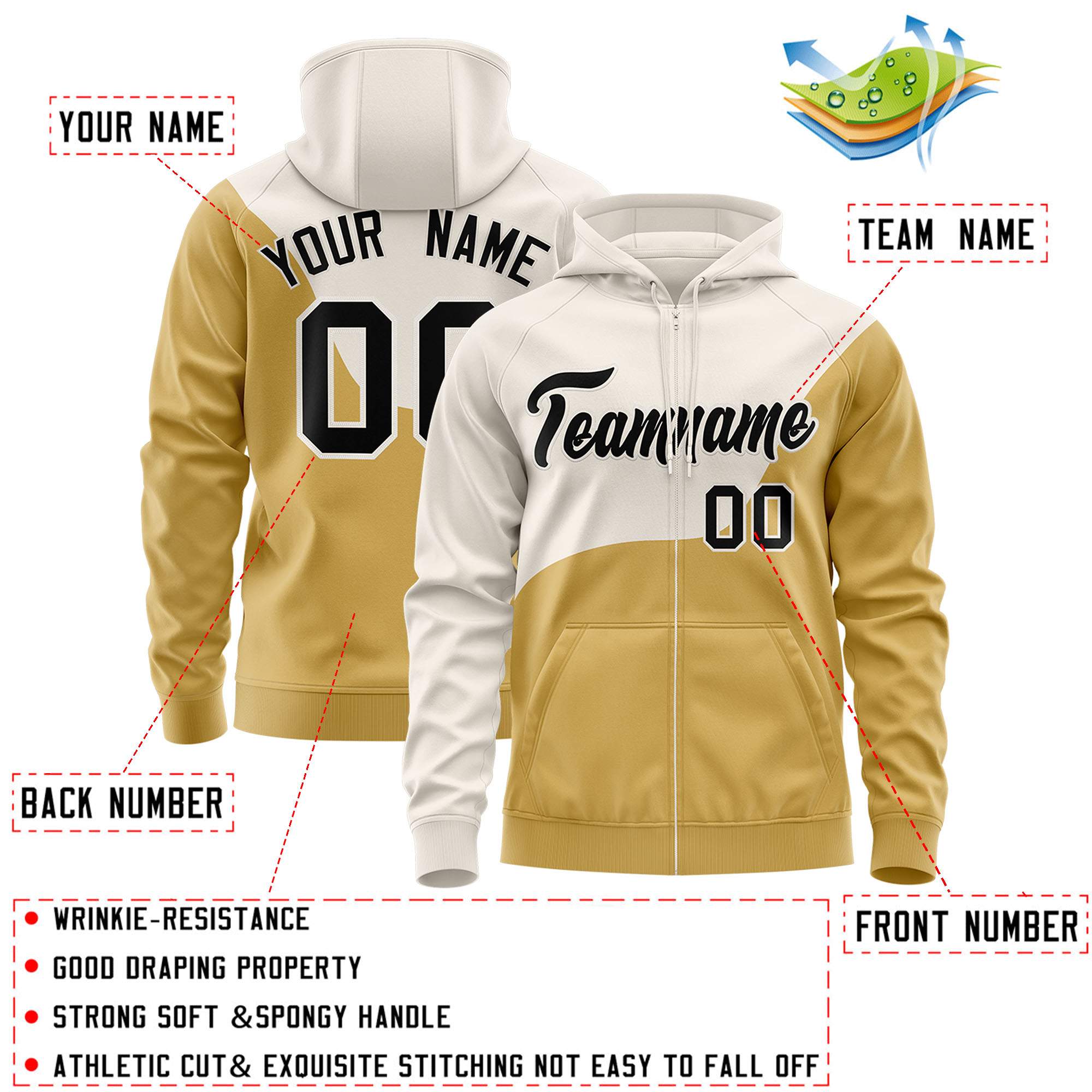 Custom Cream Old Gold Color Block Varsity Full-Zip Letterman Wave Jacket Hoodie