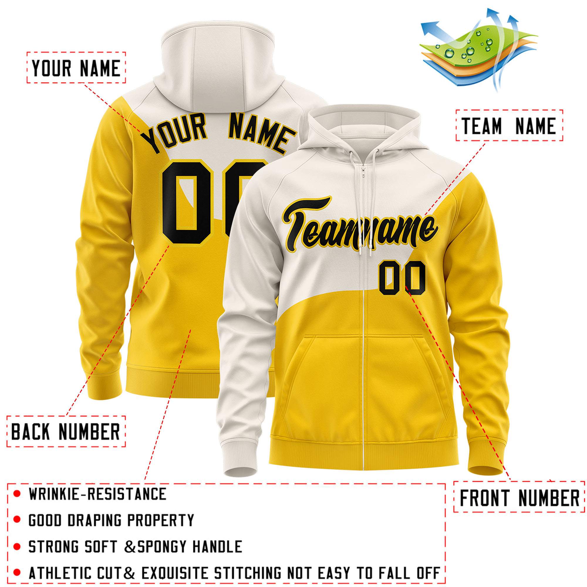 Custom Cream Gold Color Block Varsity Full-Zip Letterman Wave Jacket Hoodie