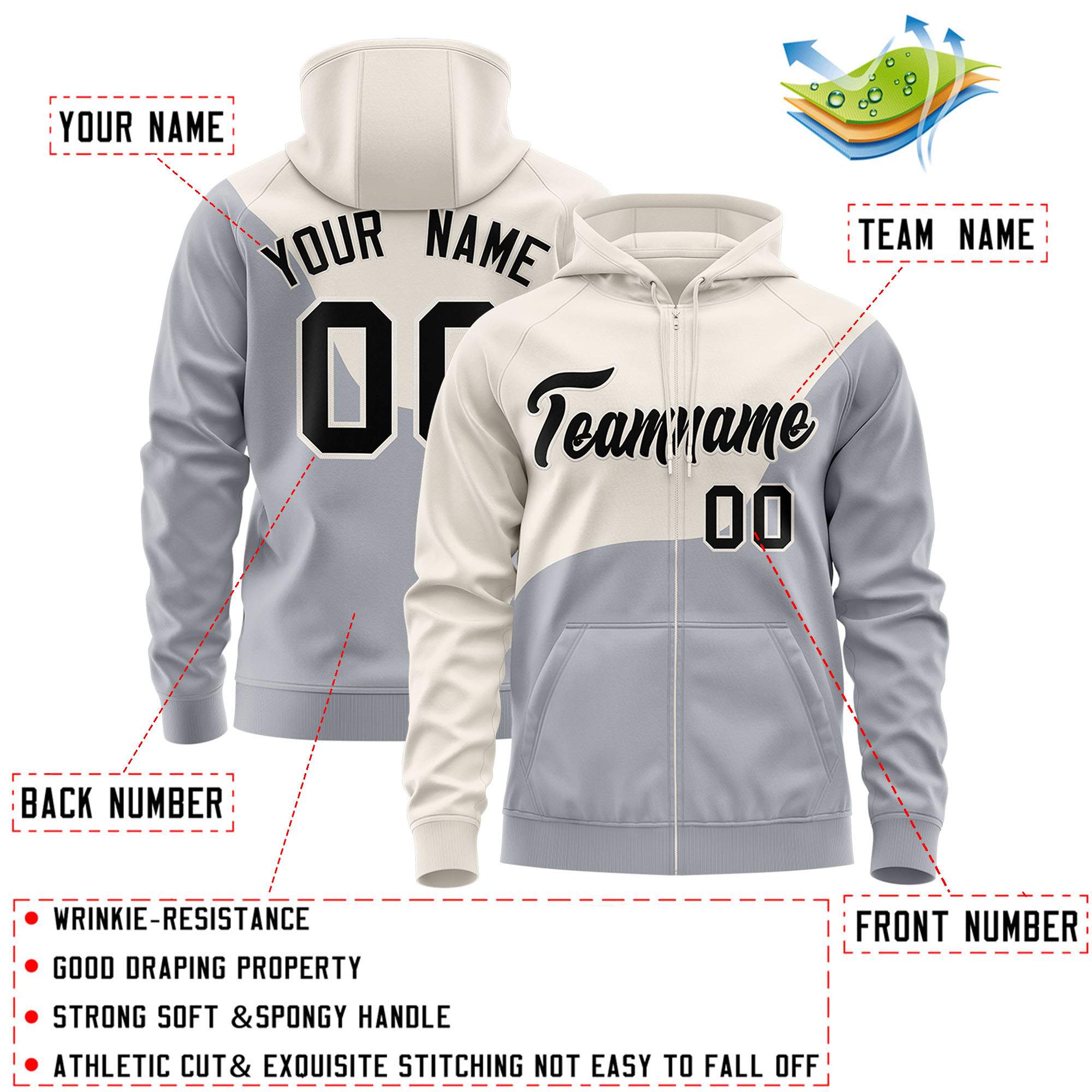 Custom Cream Gray Color Block Varsity Full-Zip Letterman Wave Jacket Hoodie