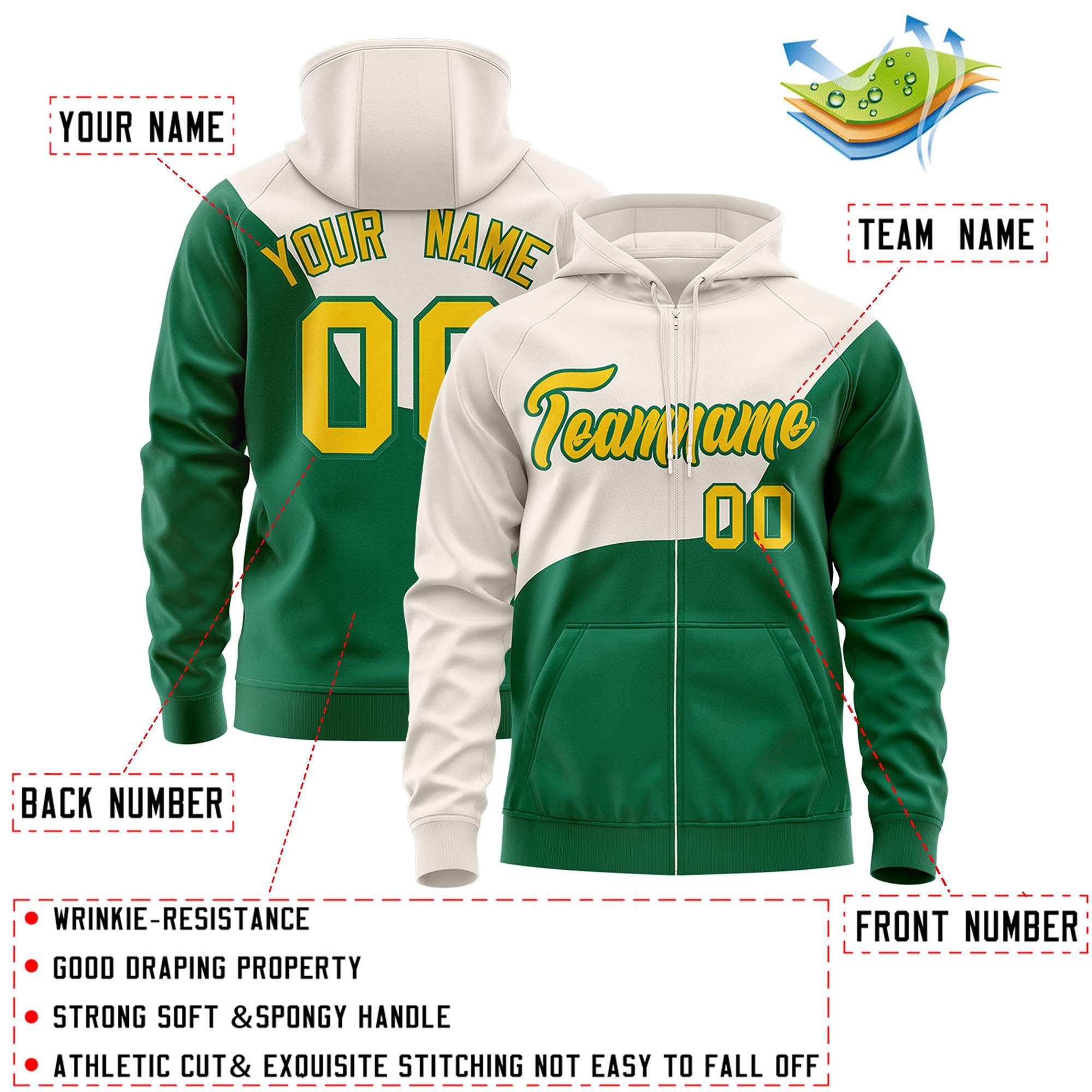 Custom Cream Kelly Green Color Block Varsity Full-Zip Letterman Wave Jacket Hoodie