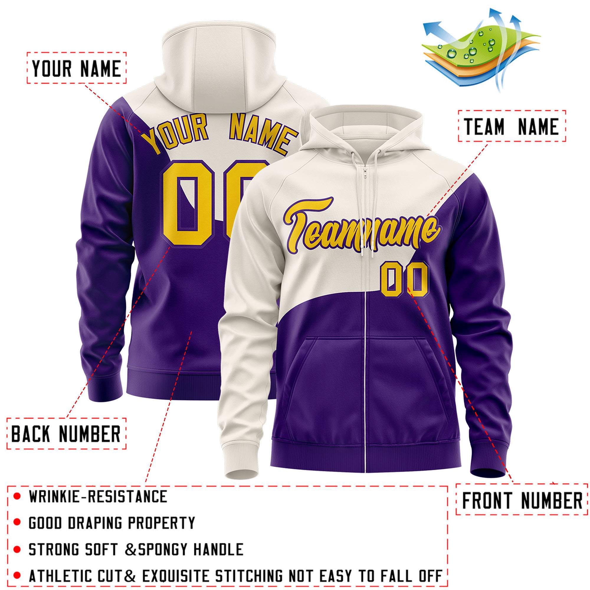Custom Cream Purple Color Block Varsity Full-Zip Letterman Wave Jacket Hoodie