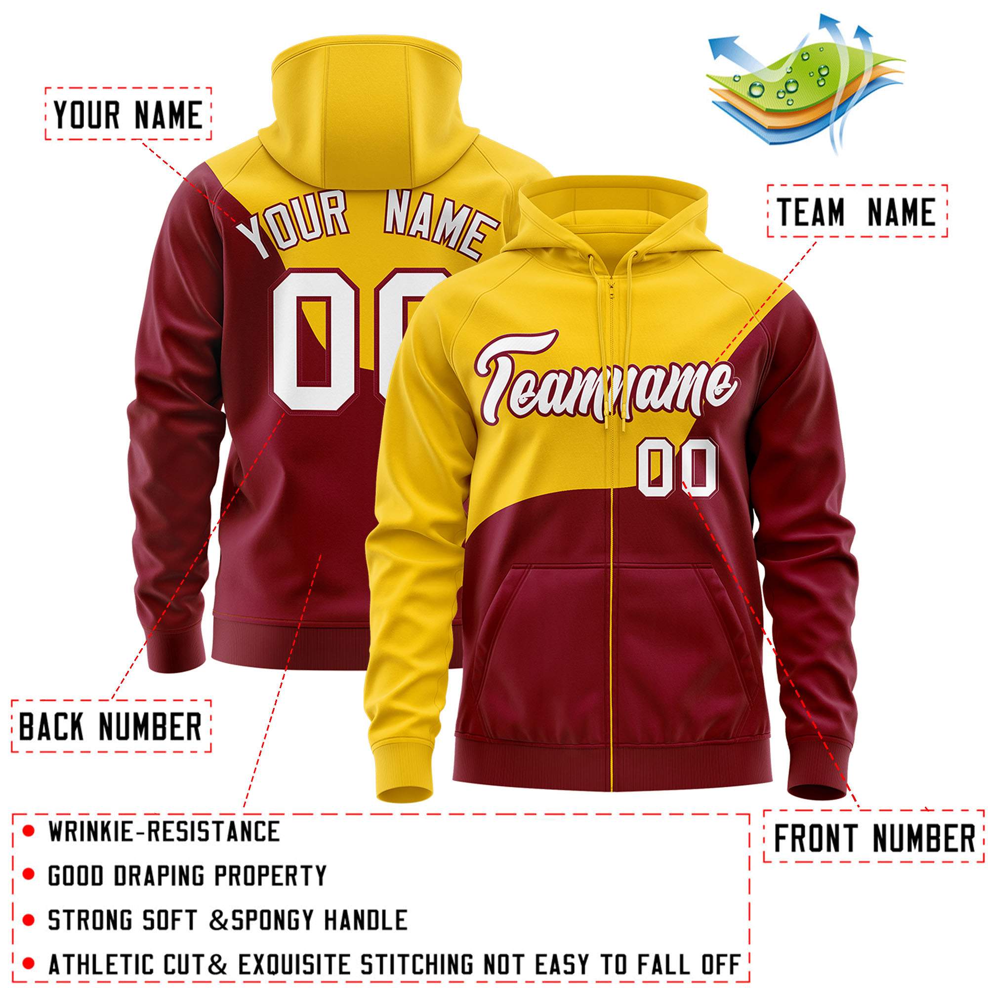 Custom Gold Crimson Color Block Varsity Full-Zip Letterman Wave Jacket Hoodie
