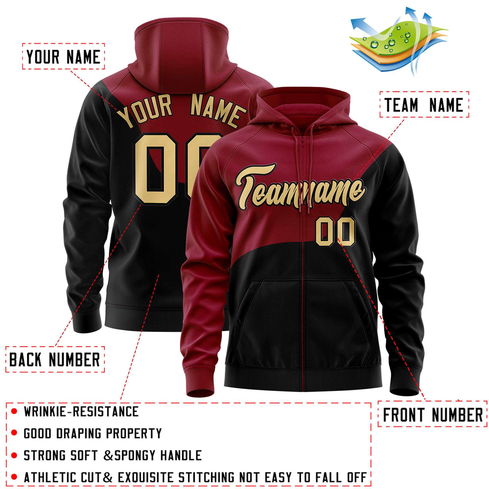 Custom Crimson Black Color Block Varsity Full-Zip Letterman Wave Jacket Hoodie