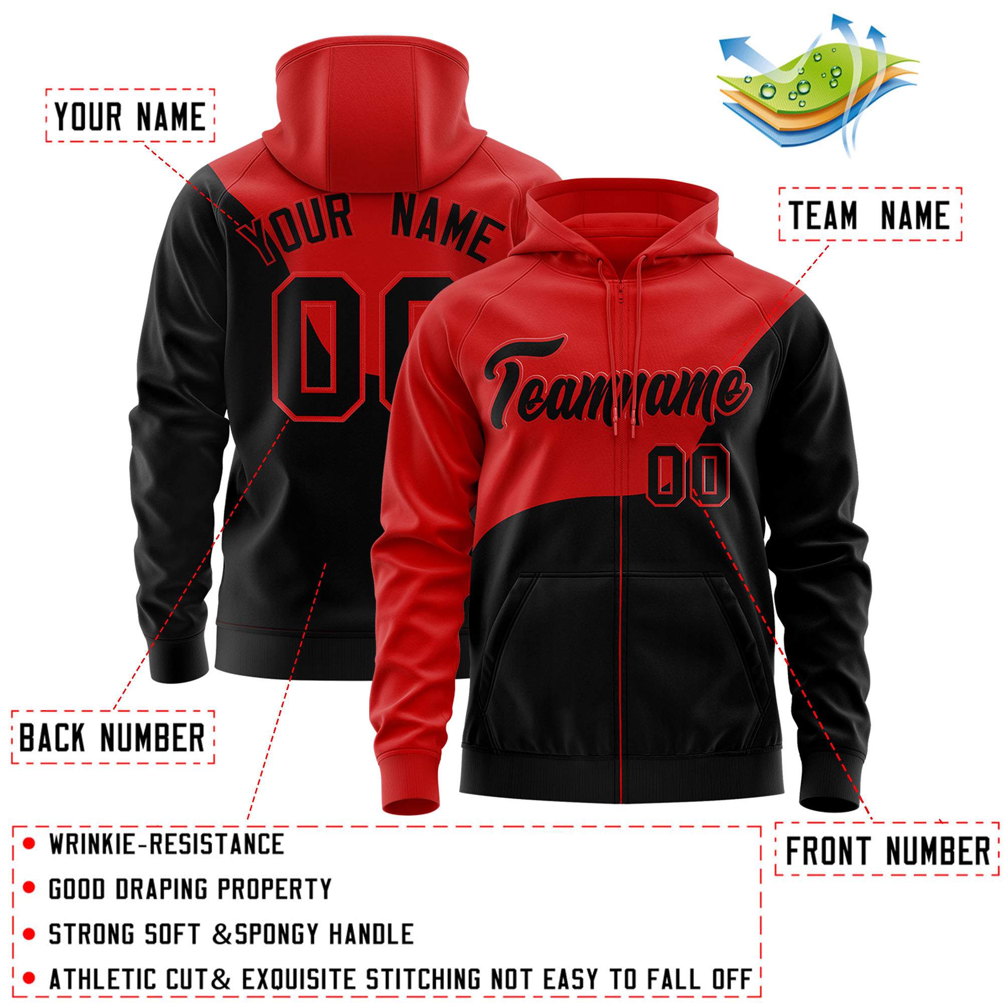 Custom Red Black Color Block Varsity Full-Zip Letterman Wave Jacket Hoodie