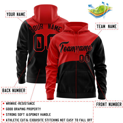 Custom Red Black Color Block Varsity Full-Zip Letterman Wave Jacket Hoodie