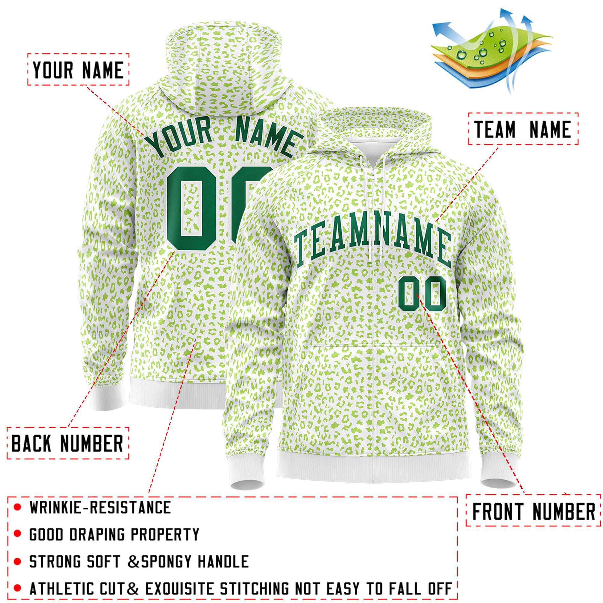 Custom Neon Green Green Varsity Full-Zip Letterman Leopard Print Jacket Hoodie