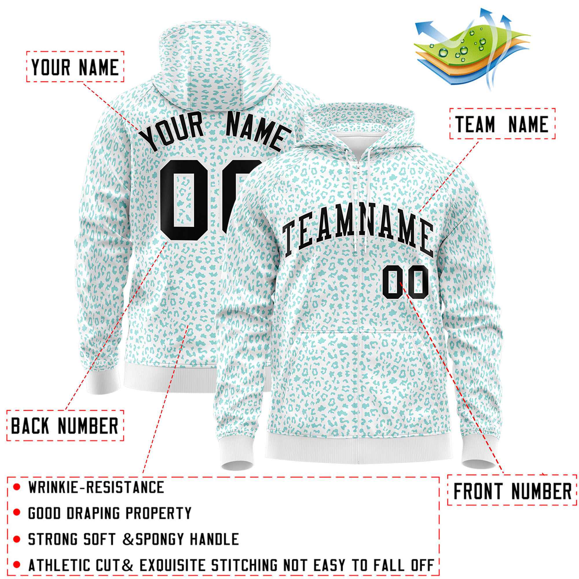 Custom White Bright Green Varsity Full-Zip Letterman Leopard Print Jacket Hoodie