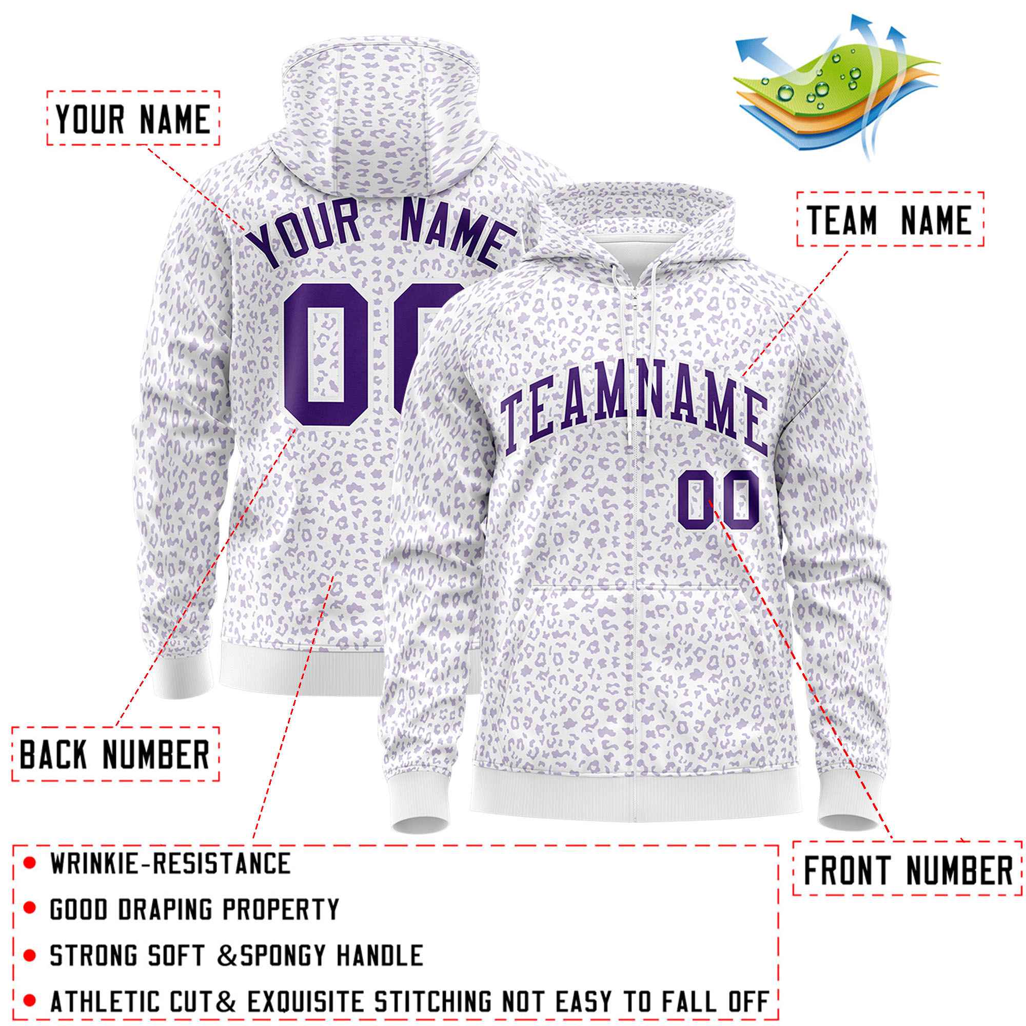 Custom Purple Light Purple Varsity Full-Zip Letterman Leopard Print Jacket Hoodie
