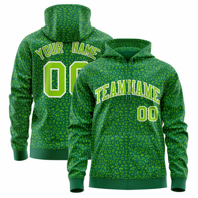 Custom Black Kelly Green Varsity Full-Zip Letterman Leopard Print Jacket Hoodie