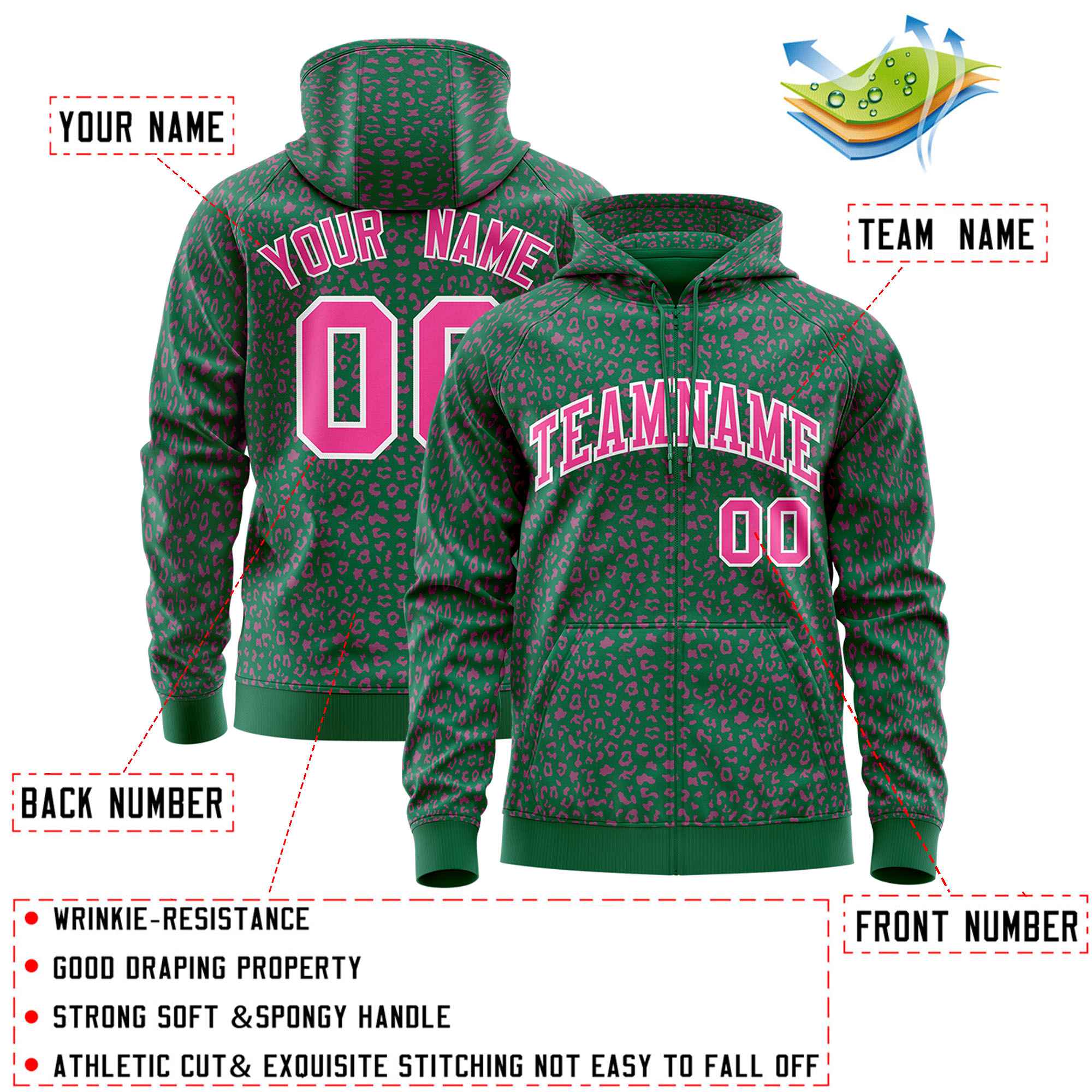 Custom Kelly Green Pink Varsity Full-Zip Letterman Leopard Print Jacket Hoodie