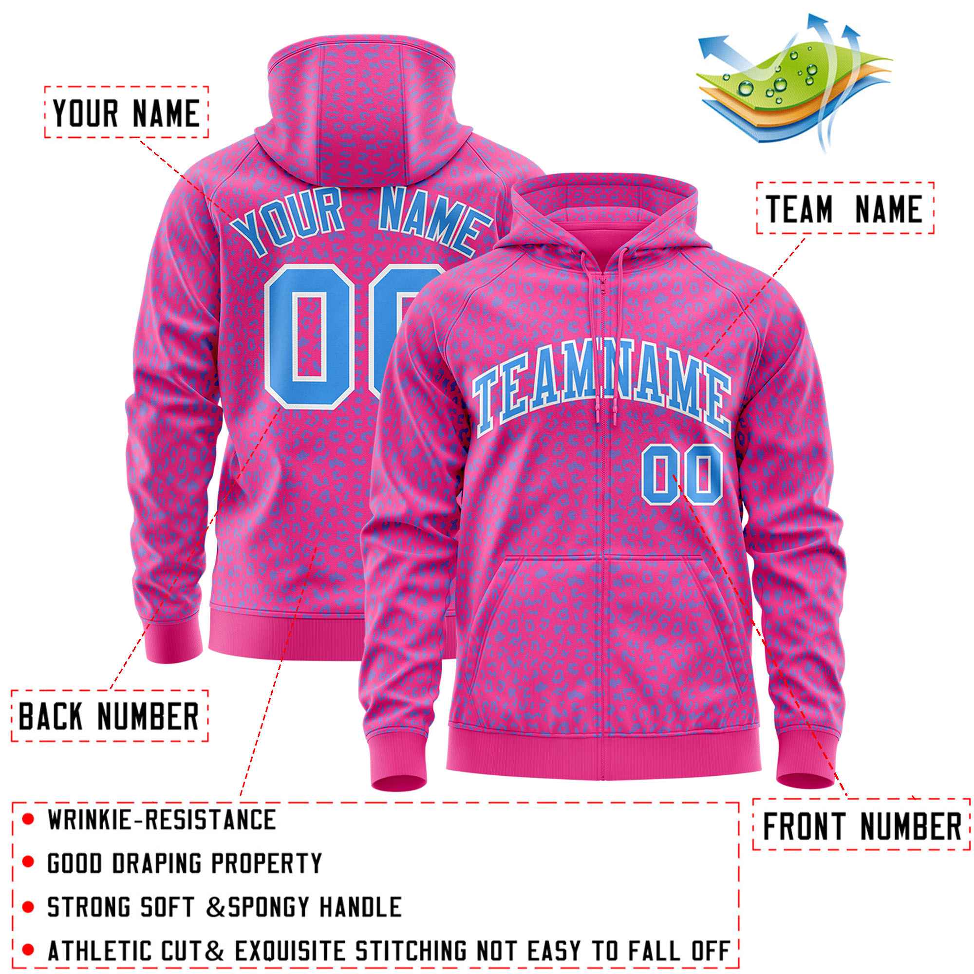 Custom Pink Powder Blue Varsity Full-Zip Letterman Leopard Print Jacket Hoodie