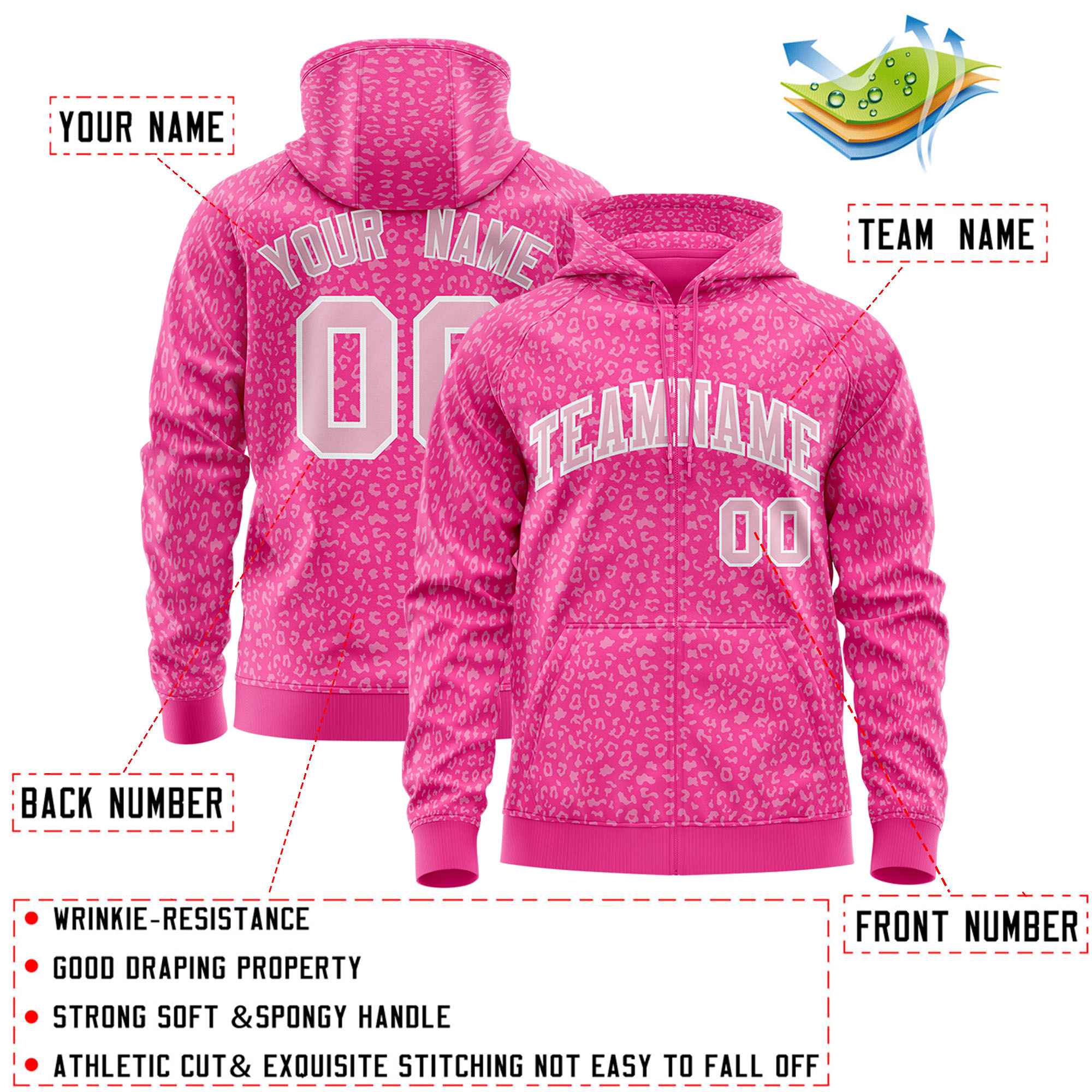 Custom Pink Light Pink Varsity Full-Zip Letterman Leopard Print Jacket Hoodie