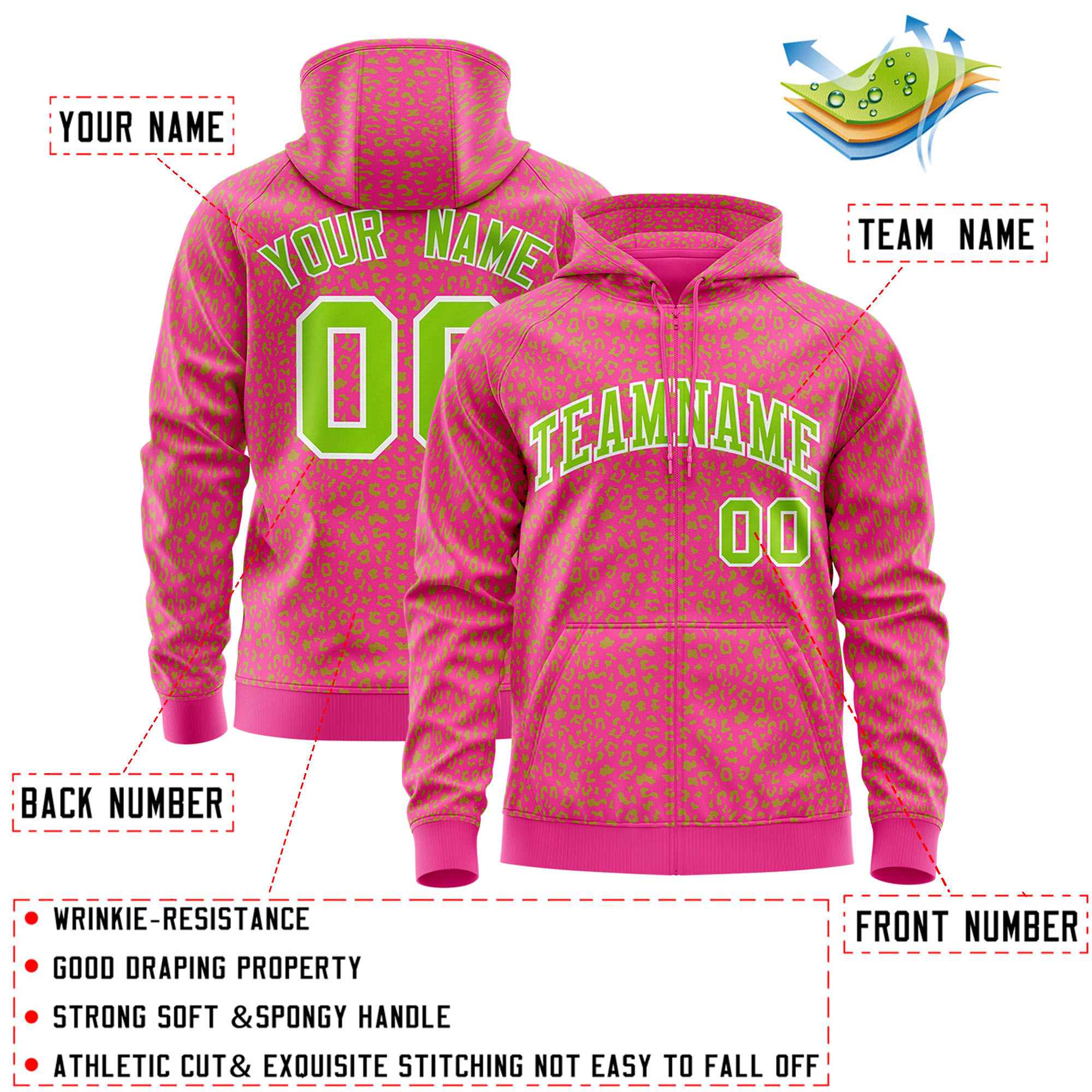Custom Pink Neon Green Varsity Full-Zip Letterman Leopard Print Jacket Hoodie