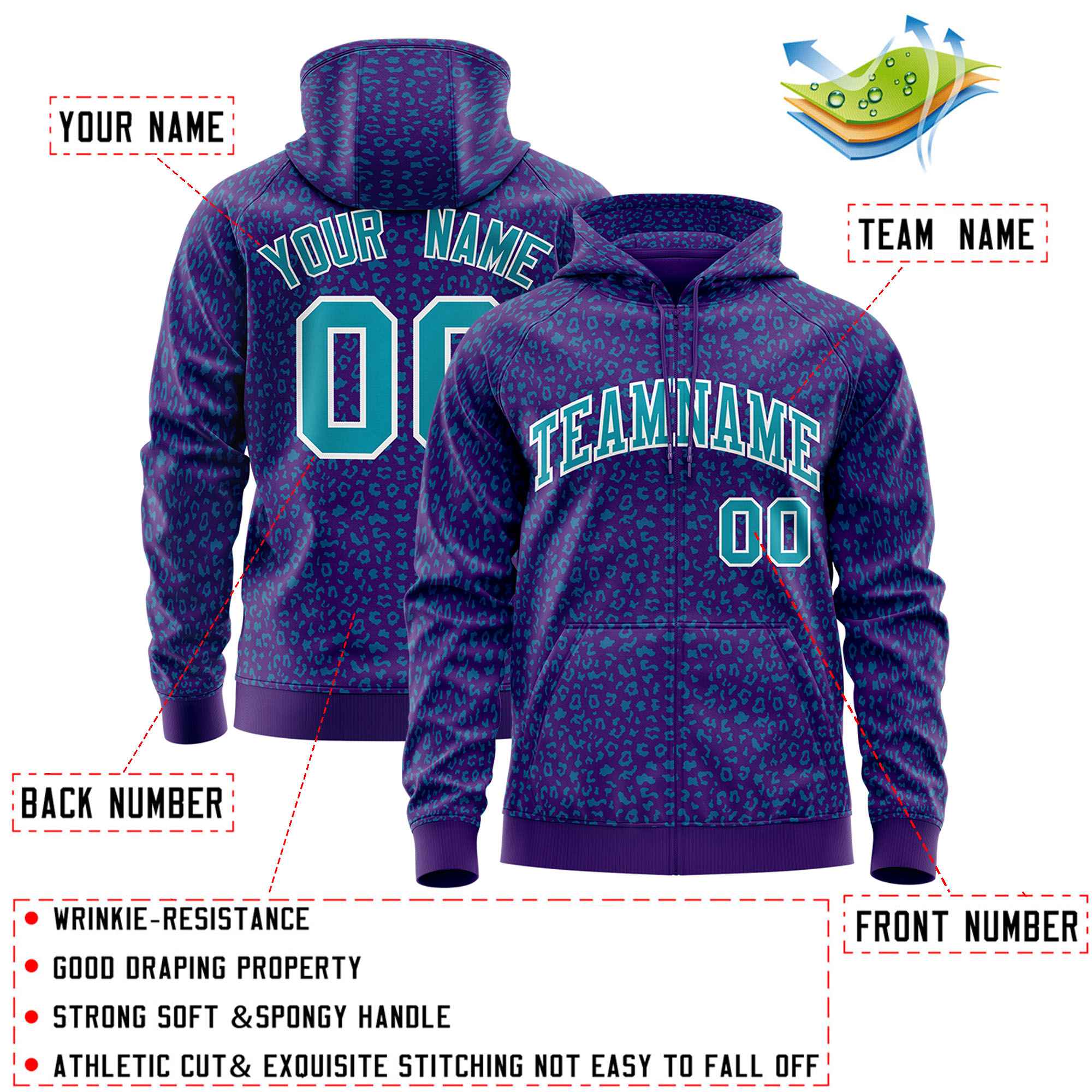 Custom Purple Teal Varsity Full-Zip Letterman Leopard Print Jacket Hoodie