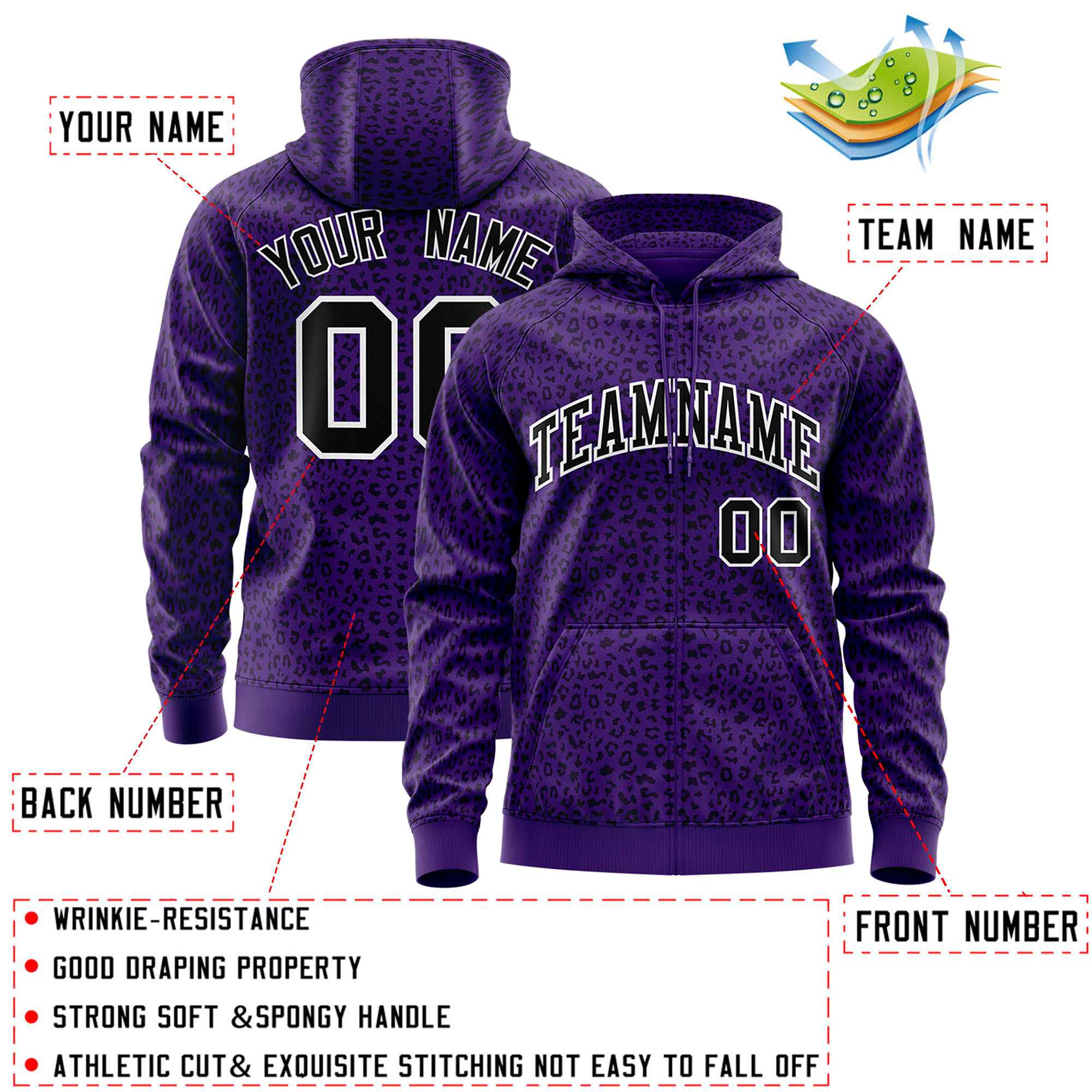 Custom Purple Black Varsity Full-Zip Letterman Leopard Print Jacket Hoodie