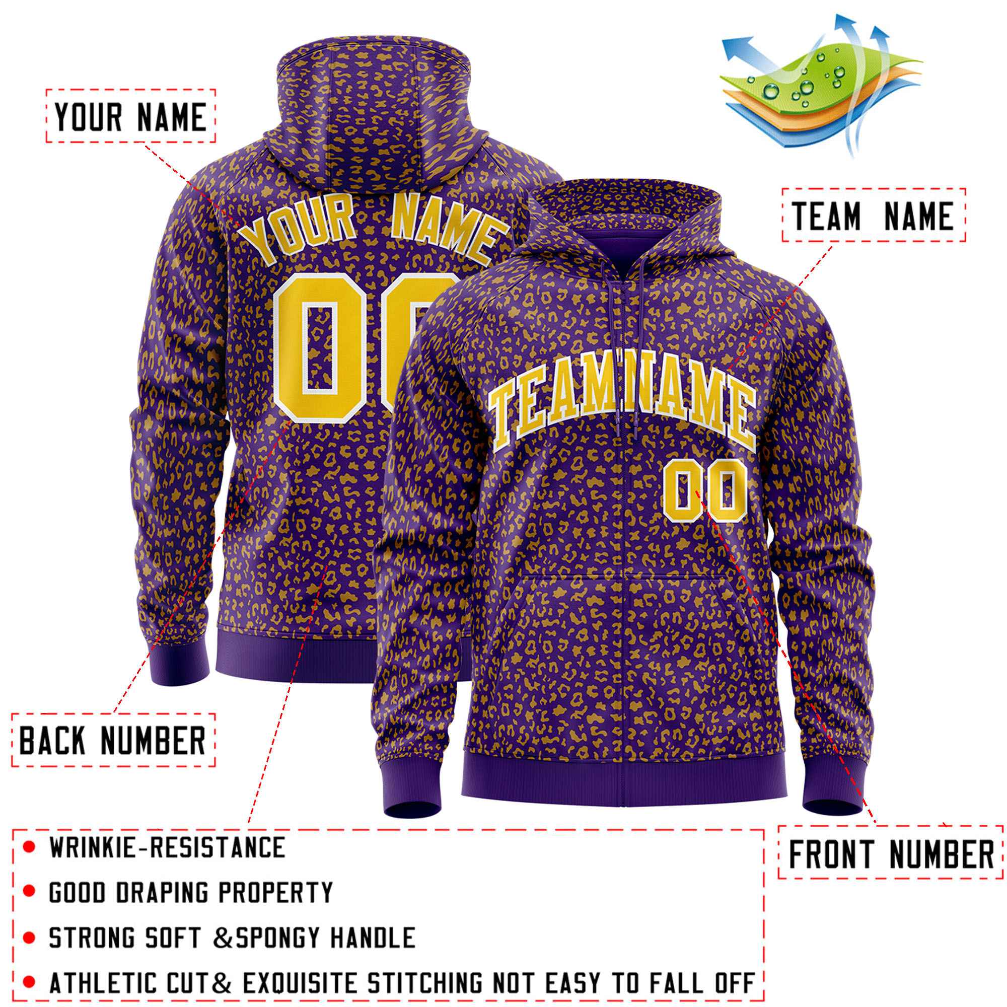 Custom Purple Gold Varsity Full-Zip Letterman Leopard Print Jacket Hoodie