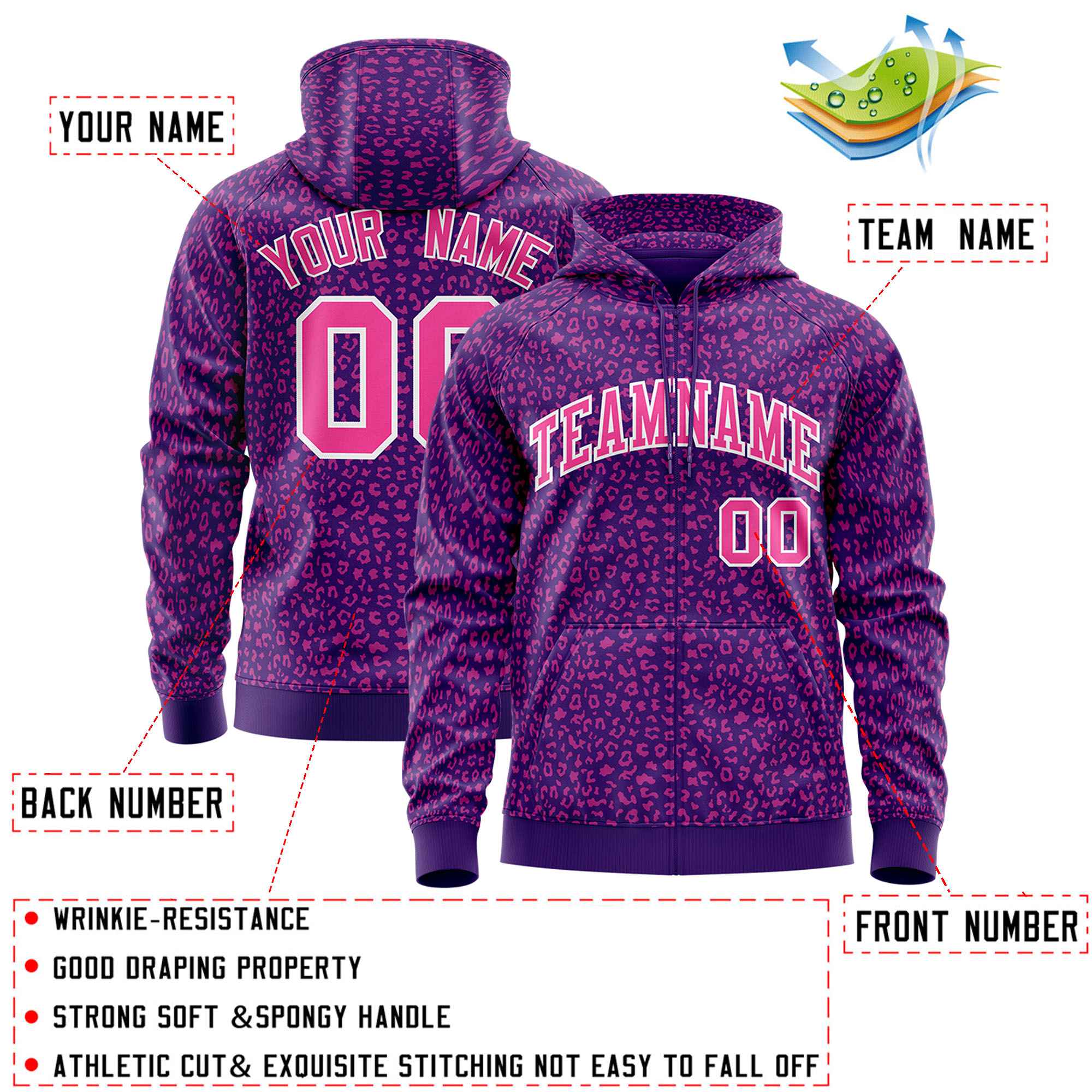 Custom Purple Pink Varsity Full-Zip Letterman Leopard Print Jacket Hoodie
