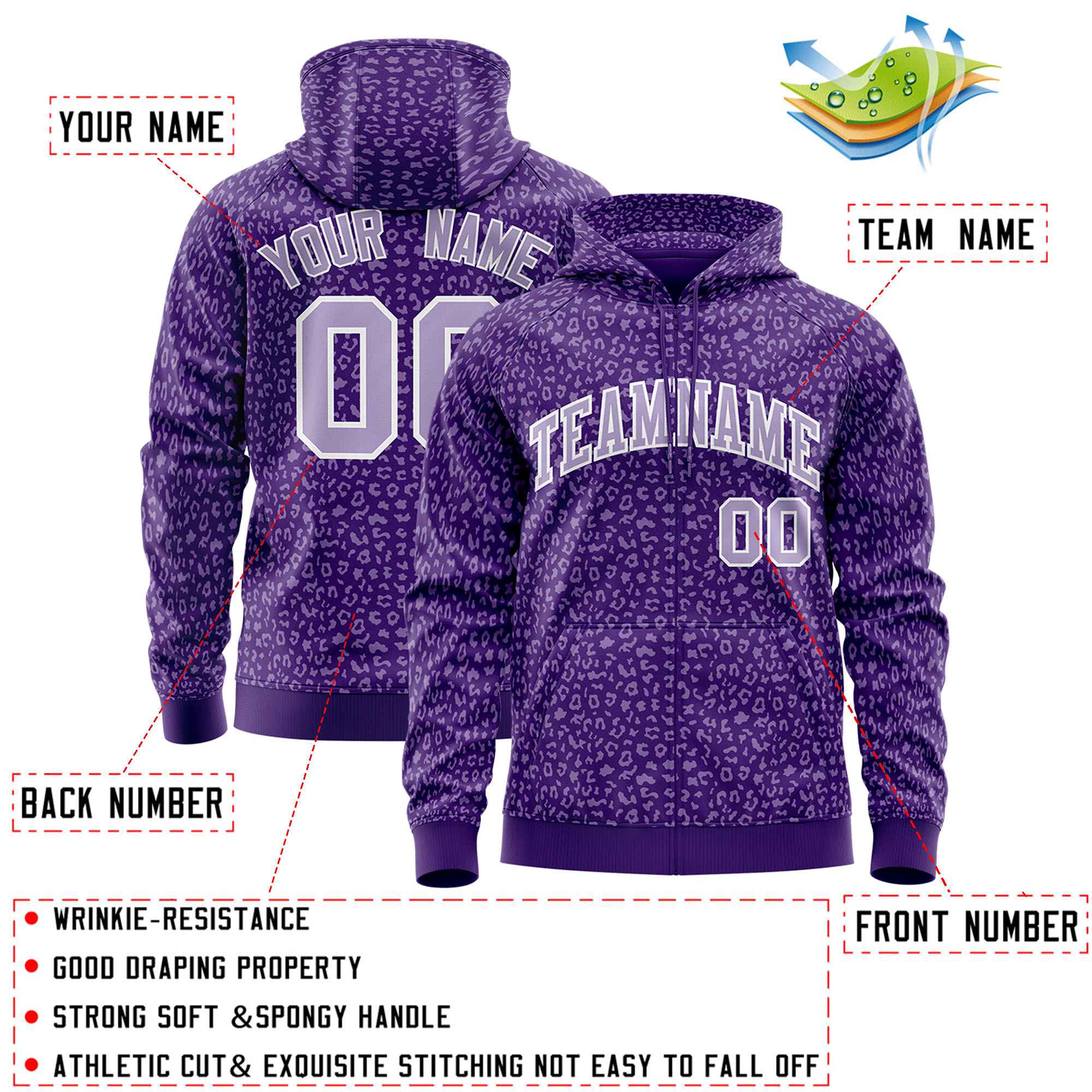 Custom Purple Light Purple Varsity Full-Zip Letterman Leopard Print Jacket Hoodie