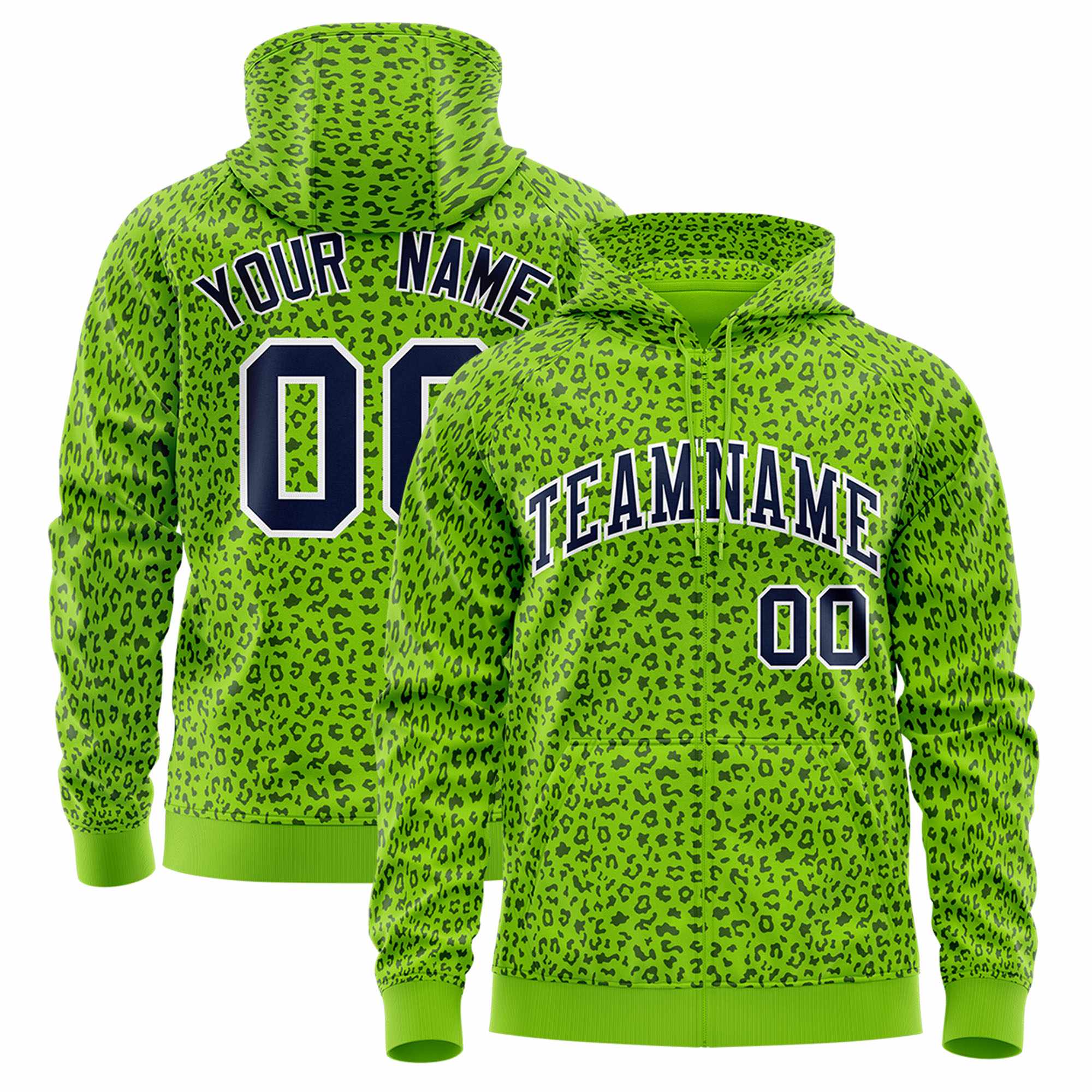 Custom White Bright Green Varsity Full-Zip Letterman Leopard Print Jacket Hoodie