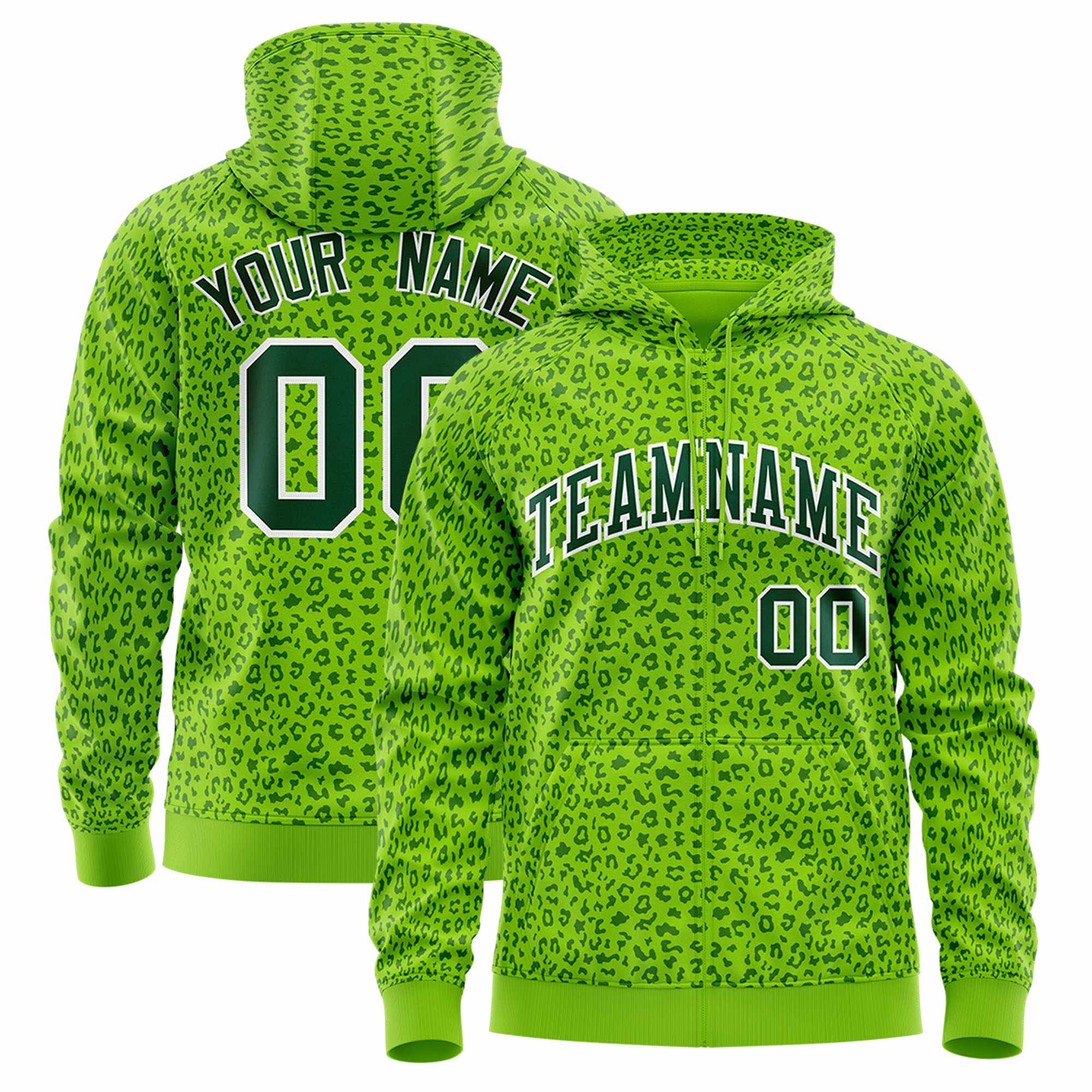 Custom White Neon Green Varsity Full-Zip Letterman Leopard Print Jacket Hoodie