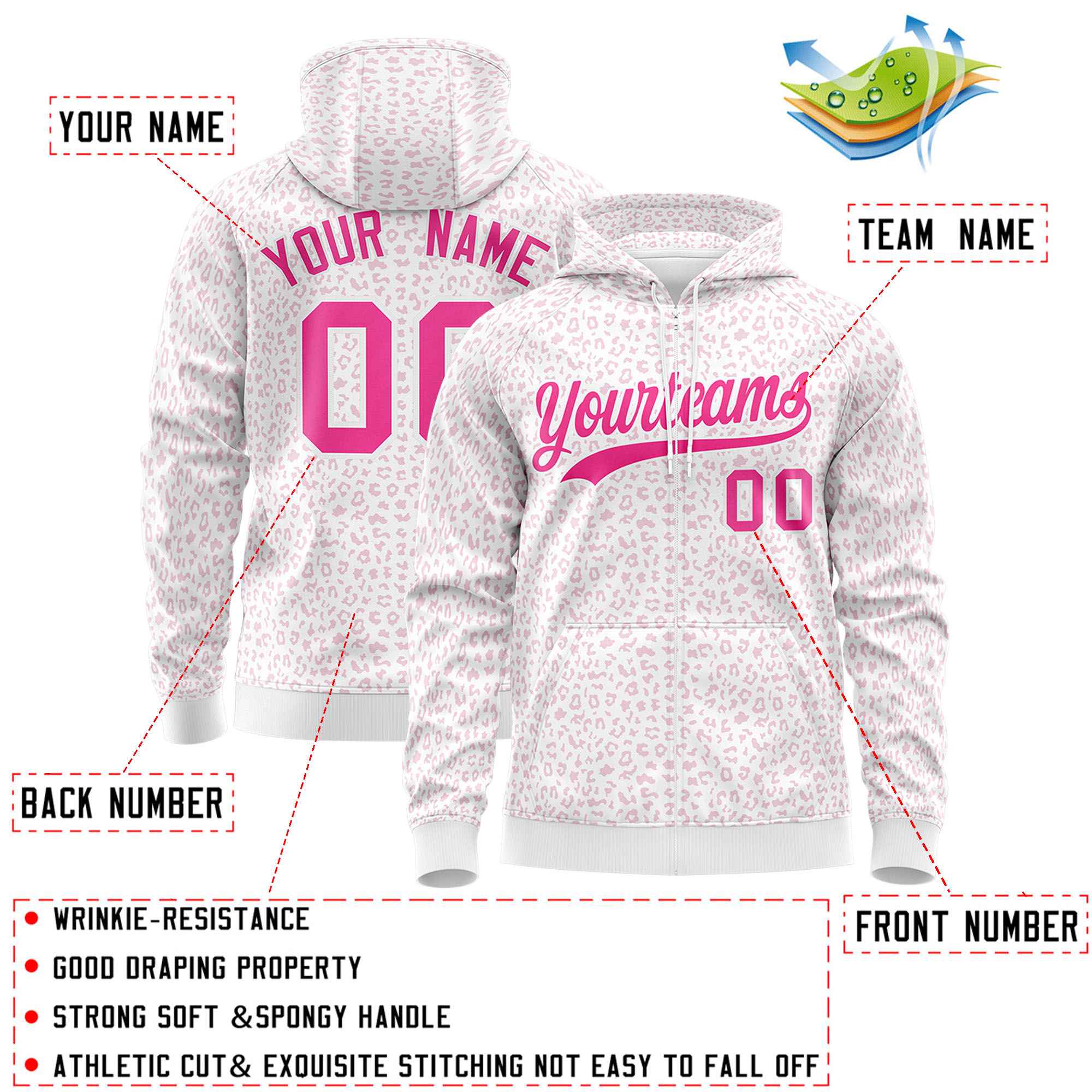 Custom White Pink Varsity Full-Zip Letterman Leopard Print Jacket Hoodie
