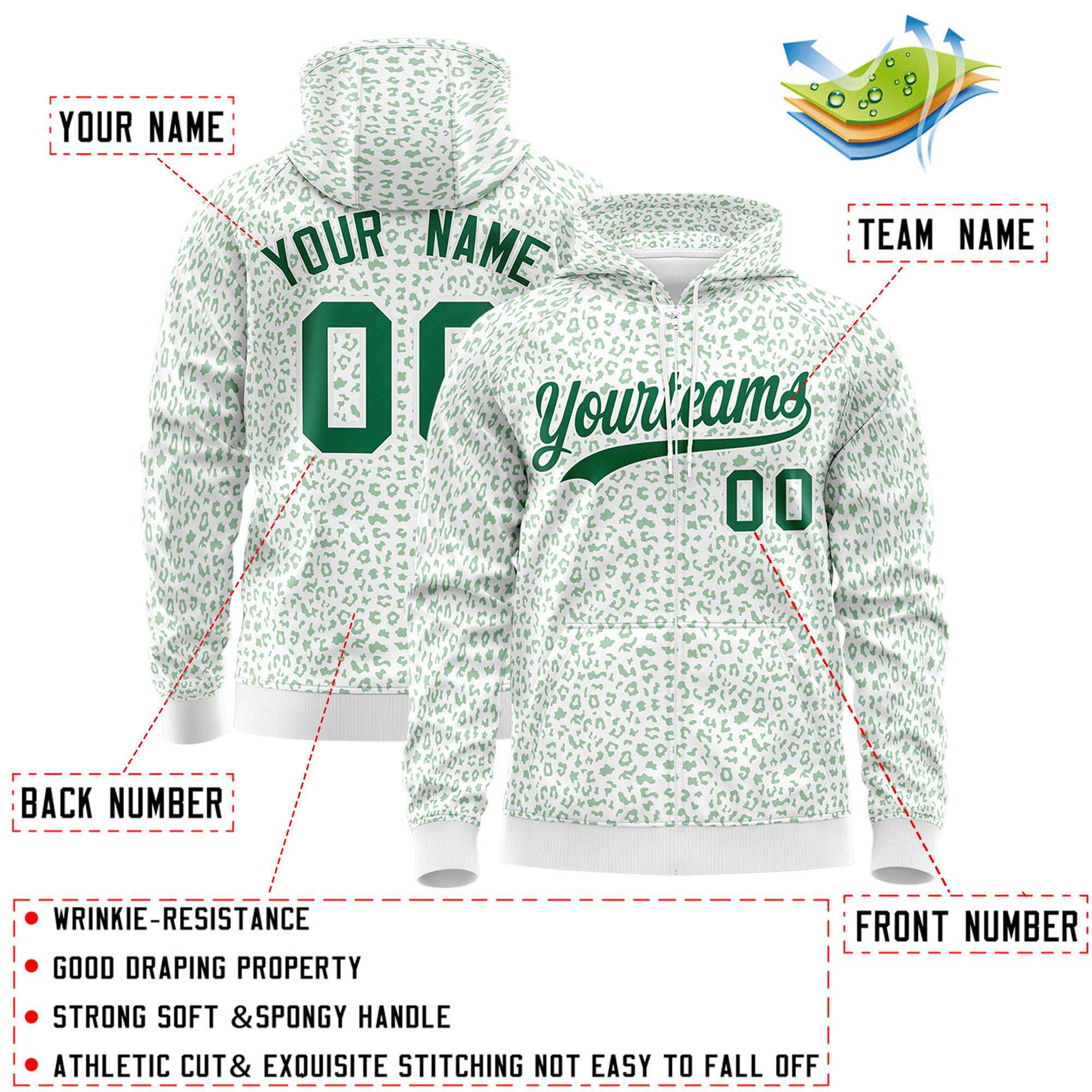 Custom White Kelly Green Varsity Full-Zip Letterman Leopard Print Jacket Hoodie