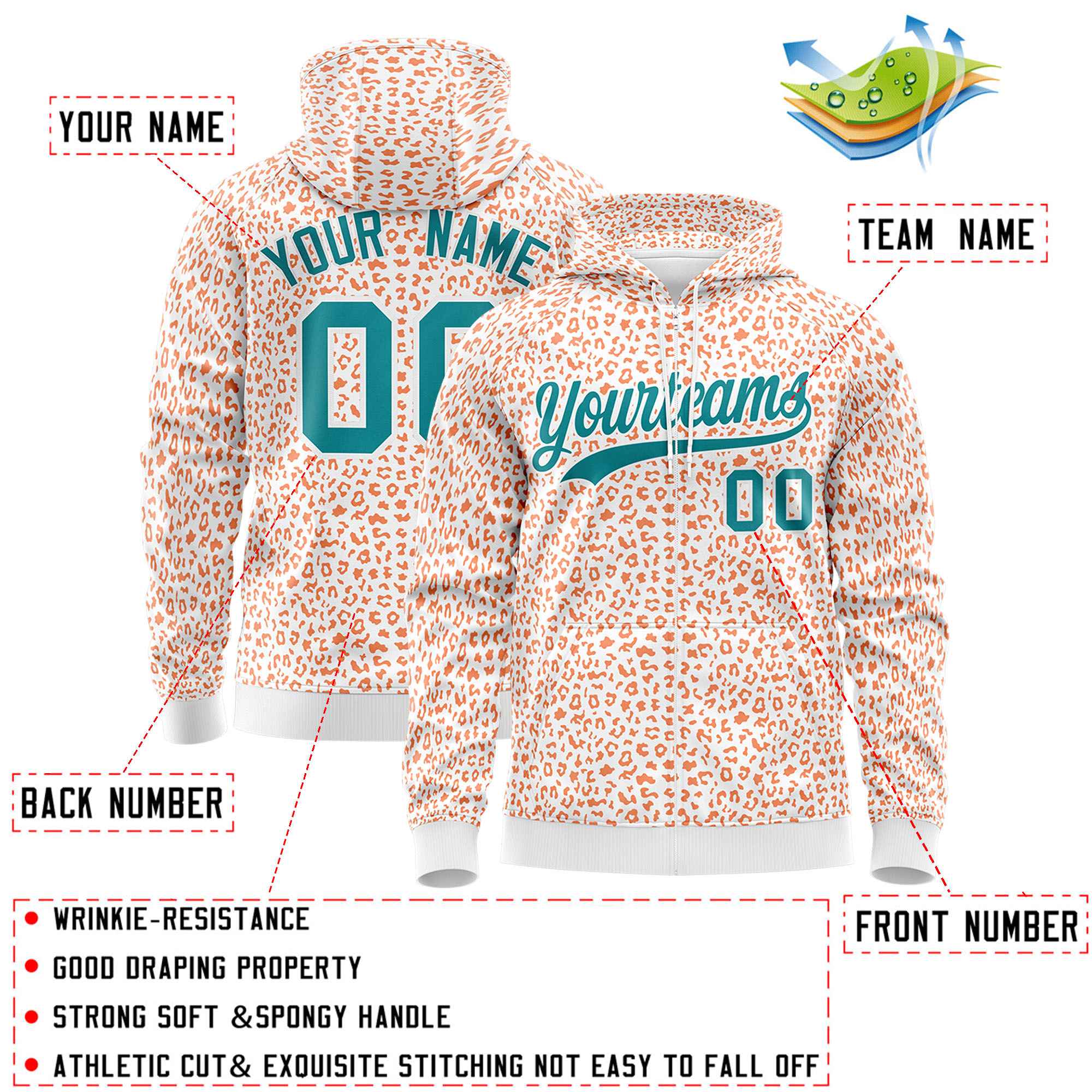 Custom White Orange Varsity Full-Zip Letterman Leopard Print Jacket Hoodie