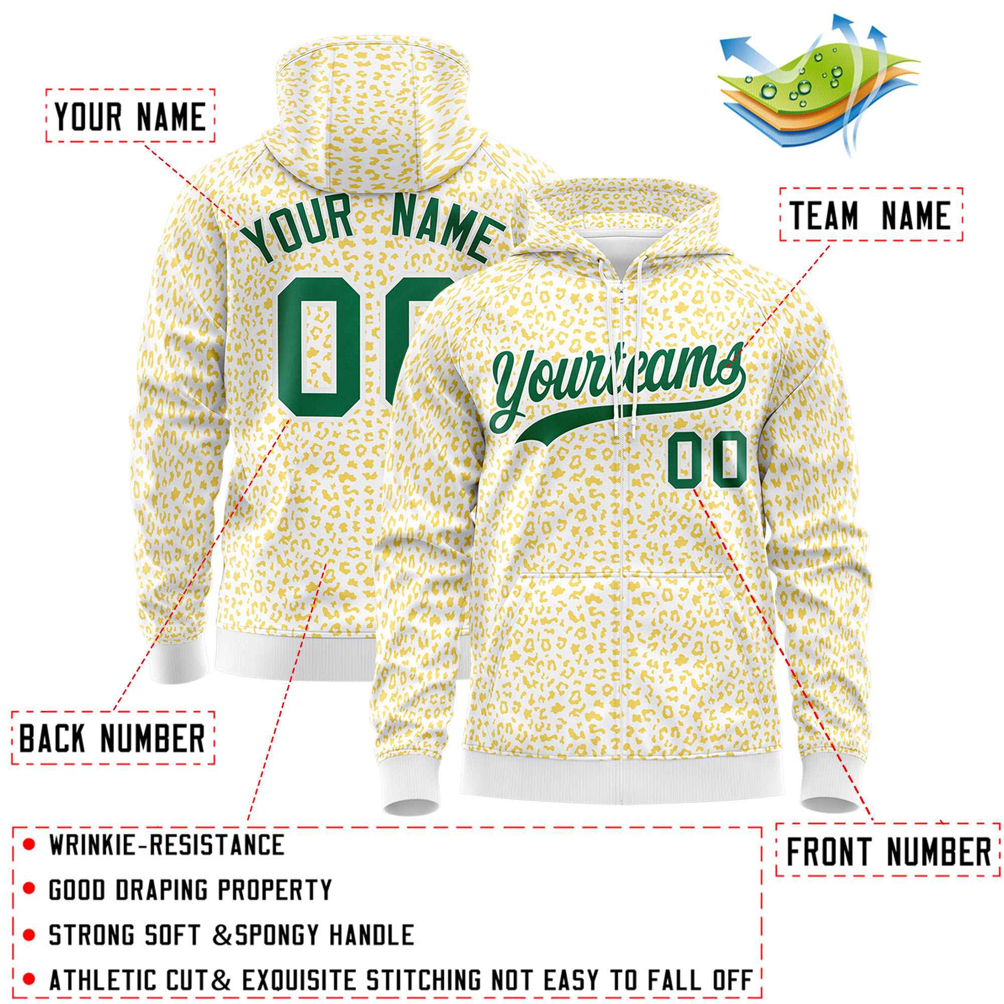 Custom White Gold Varsity Full-Zip Letterman Leopard Print Jacket Hoodie