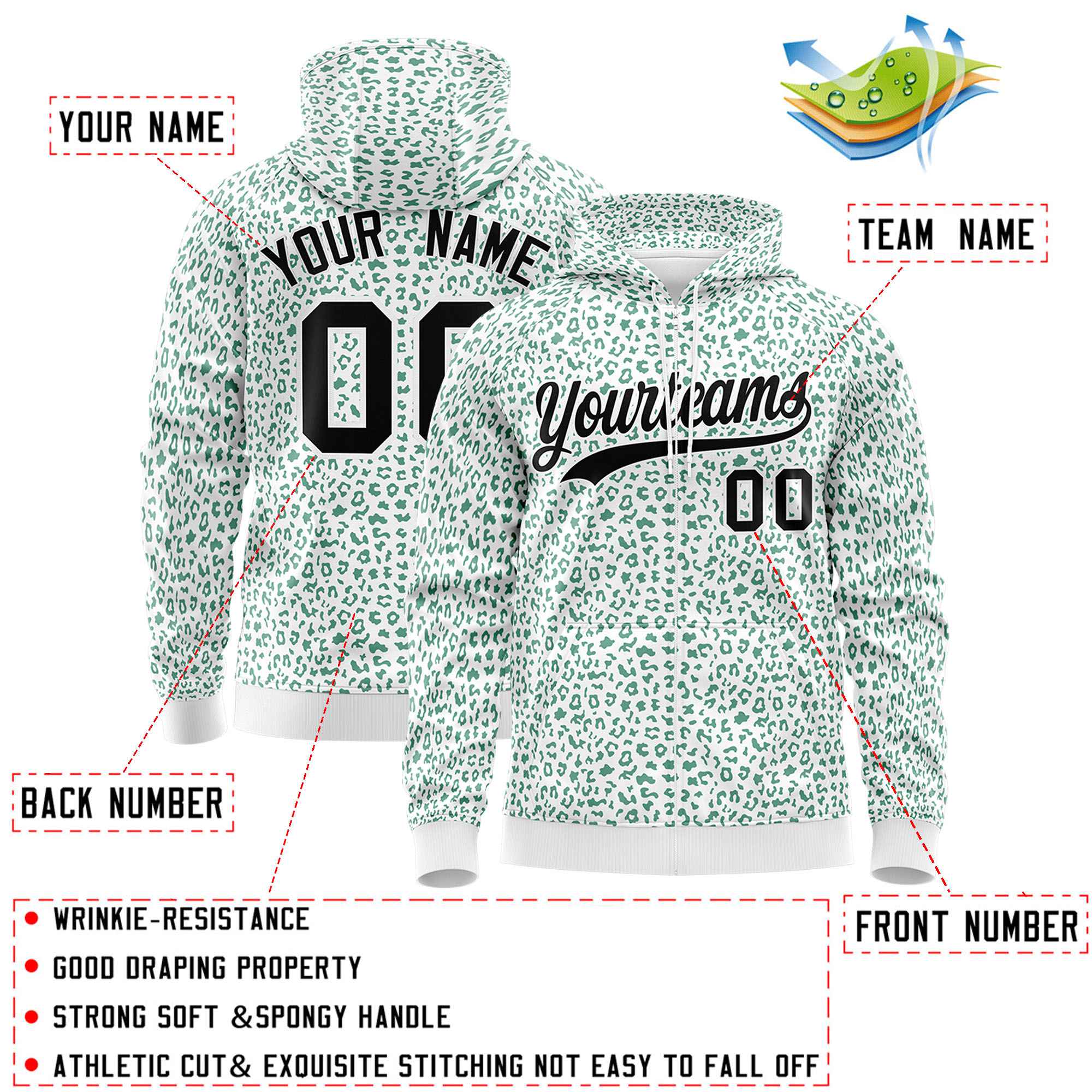 Custom White Kelly Green Varsity Full-Zip Letterman Leopard Print Jacket Hoodie