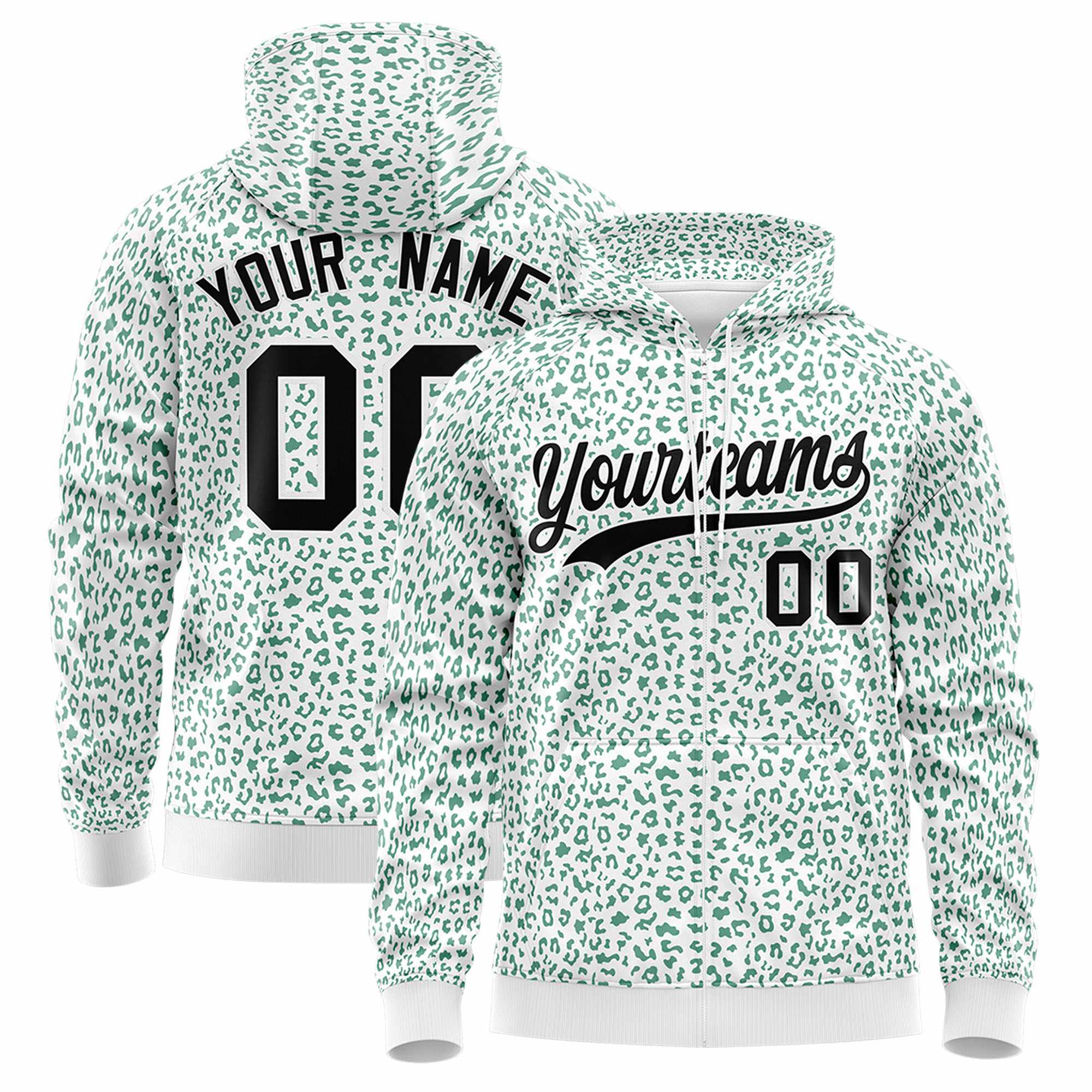 Custom Neon Green Pink Varsity Full-Zip Letterman Leopard Print Jacket Hoodie