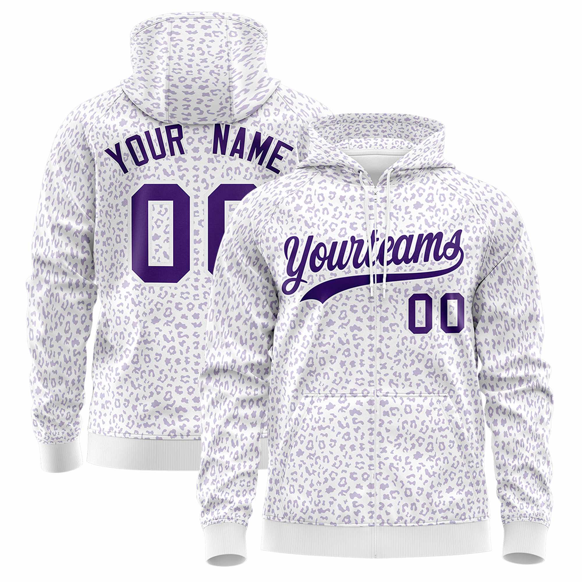 Custom Purple Light Purple Varsity Full-Zip Letterman Leopard Print Jacket Hoodie