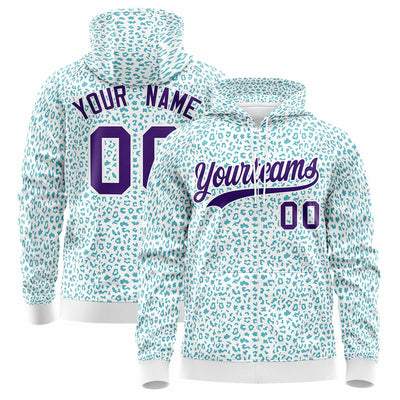 Custom White Teal Varsity Full-Zip Letterman Leopard Print Hoodie Jacket