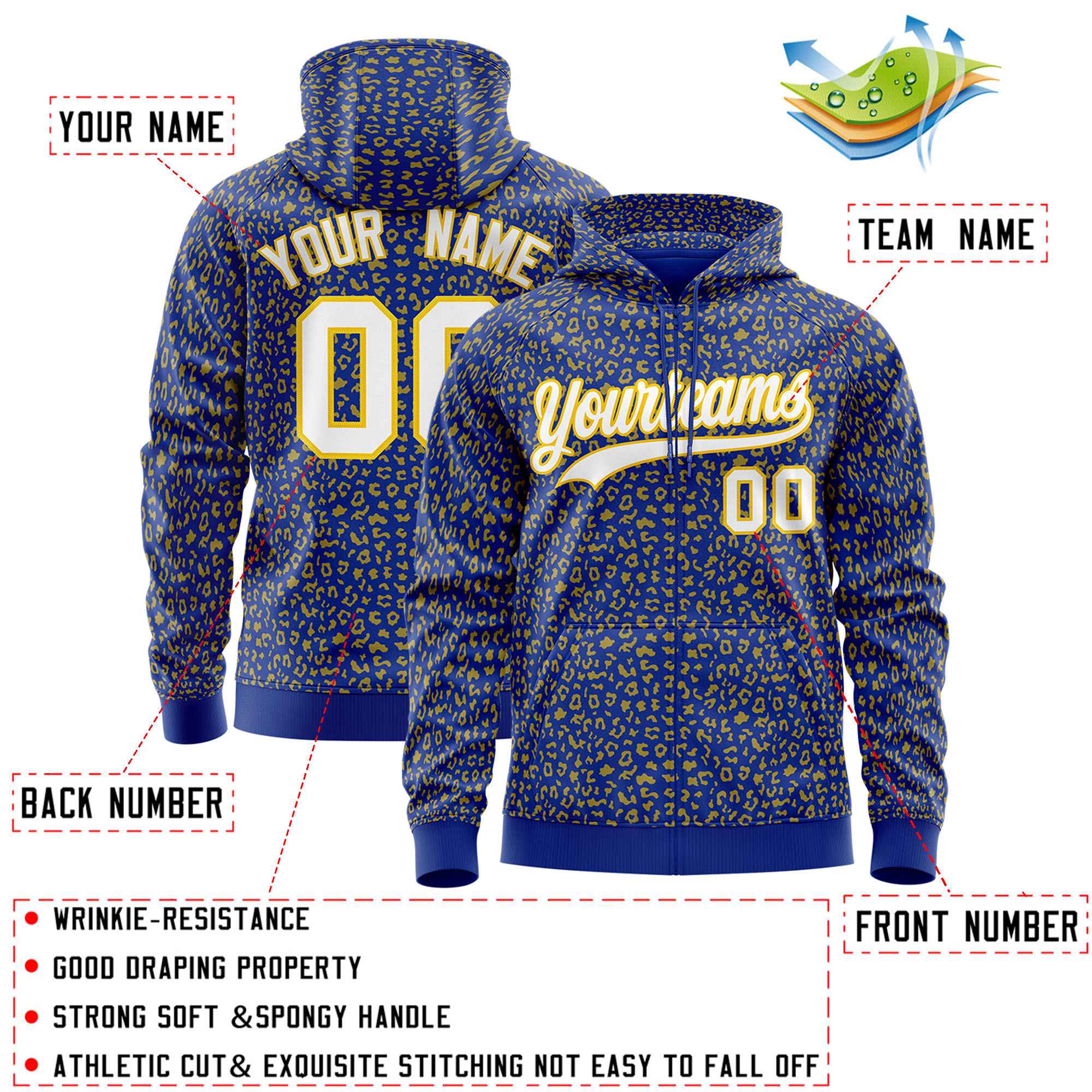 Custom Royal Gold Varsity Full-Zip Letterman Leopard Print Jacket Hoodie