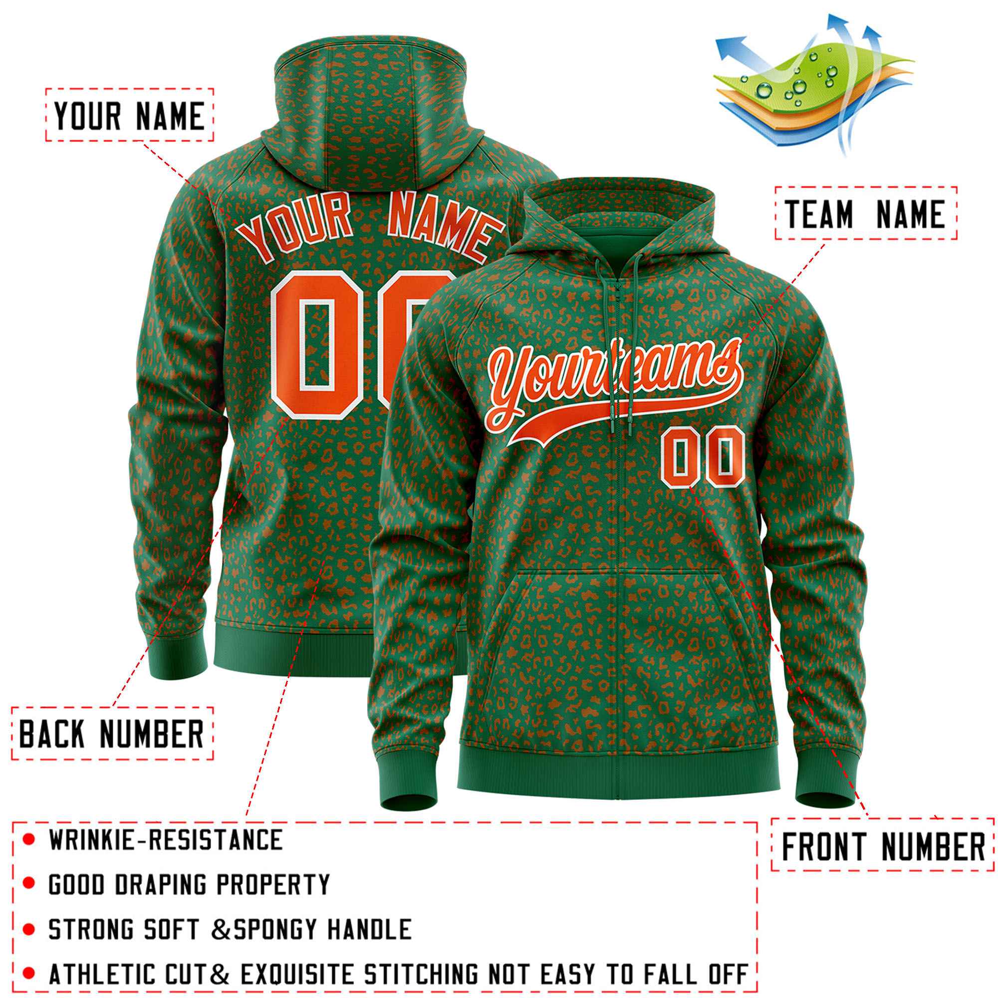 Custom Kelly Green Orange Varsity Full-Zip Letterman Leopard Print Jacket Hoodie