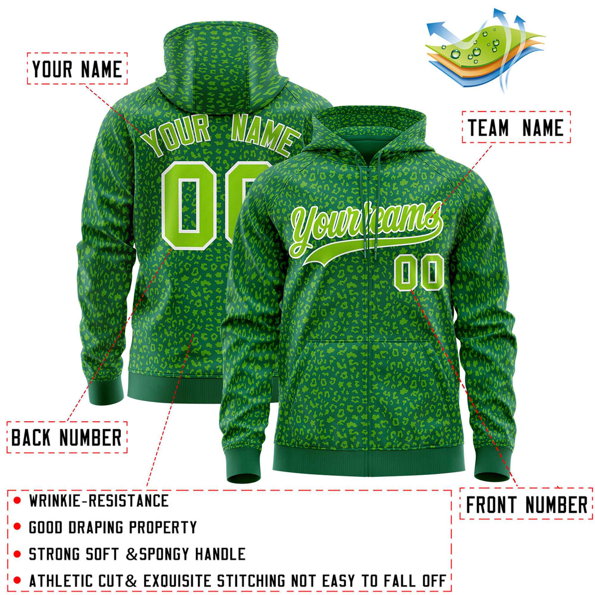 Custom Kelly Green Neon Green Varsity Full-Zip Letterman Leopard Print Jacket Hoodie