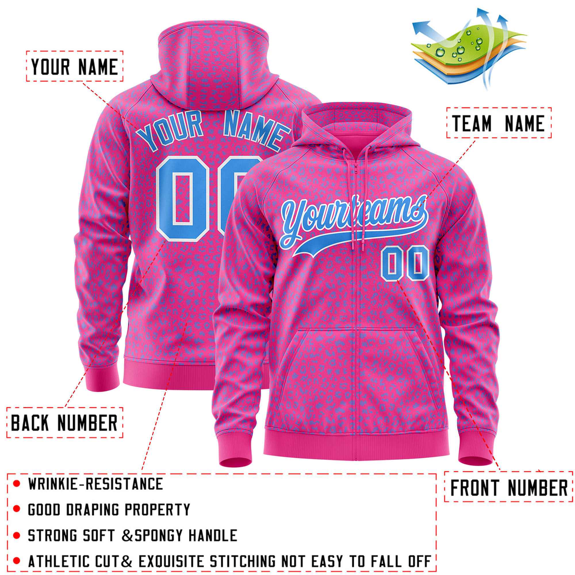 Custom Pink Powder Blue Varsity Full-Zip Letterman Leopard Print Jacket Hoodie