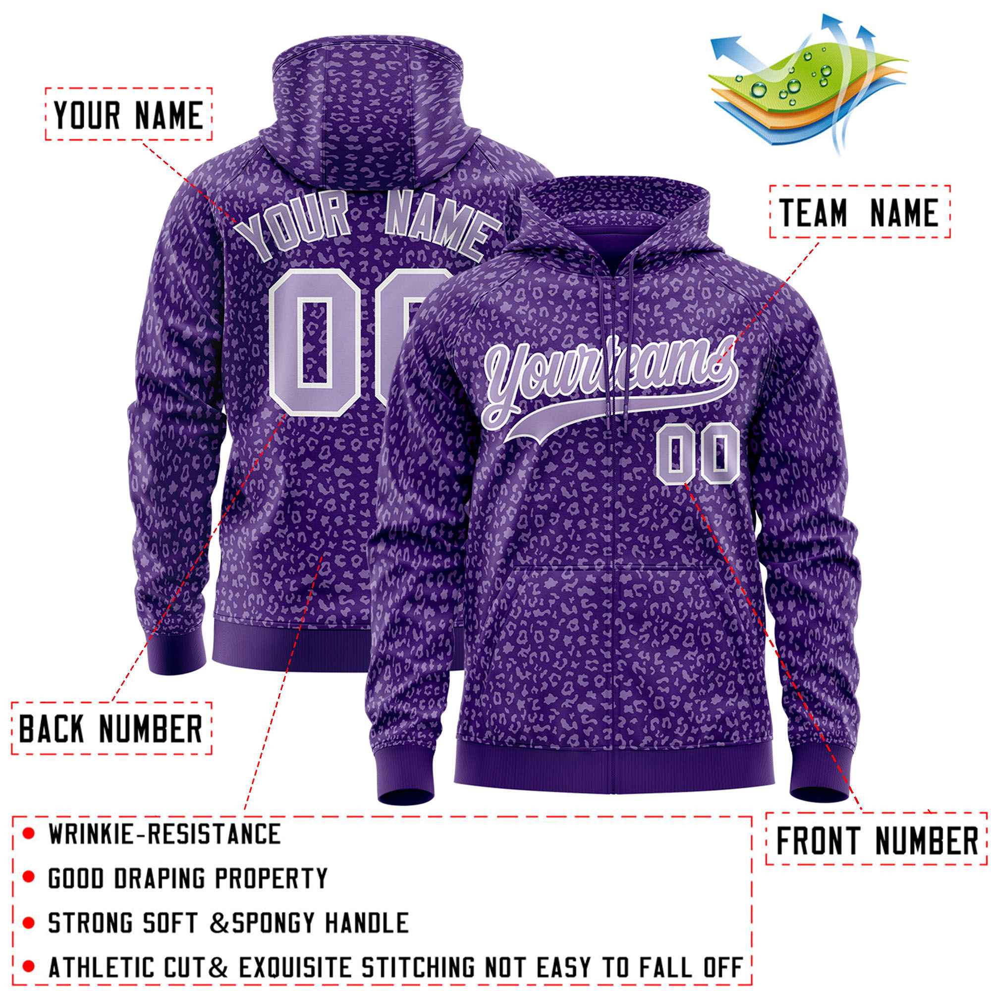 Custom Purple Light Purple Varsity Full-Zip Letterman Leopard Print Jacket Hoodie