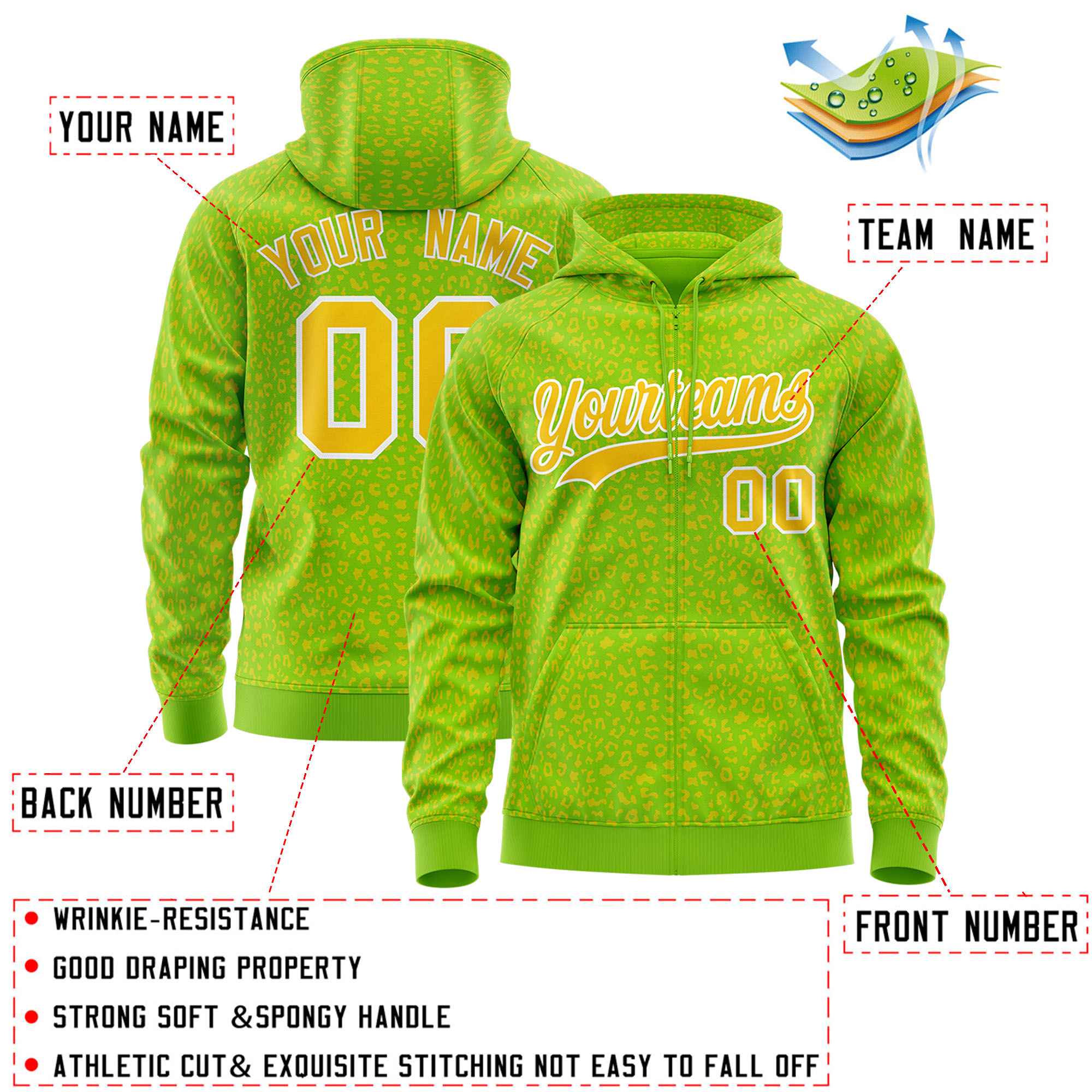 Custom Neon Green Gold Varsity Full-Zip Letterman Leopard Print Jacket Hoodie