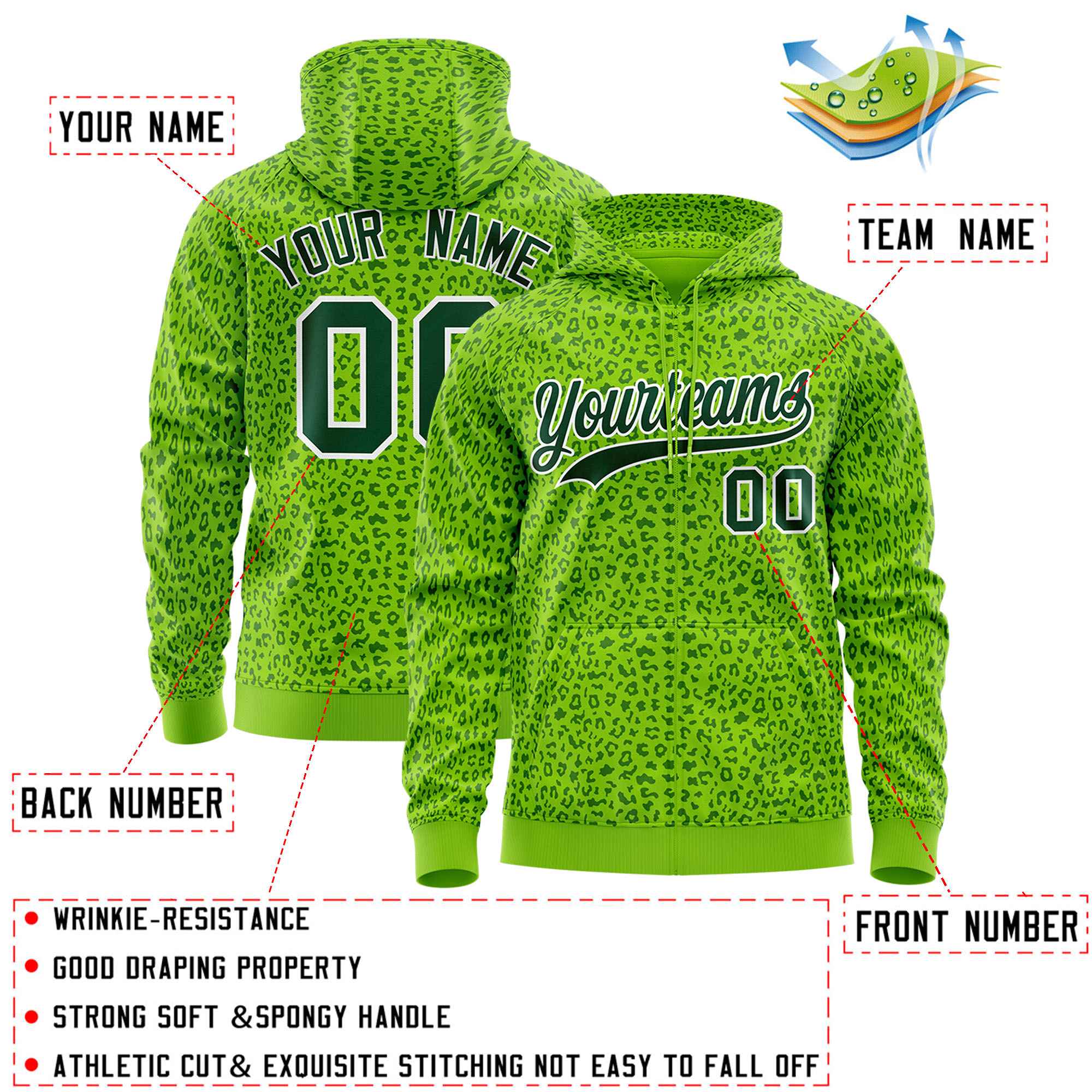 Custom Neon Green Green Varsity Full-Zip Letterman Leopard Print Jacket Hoodie